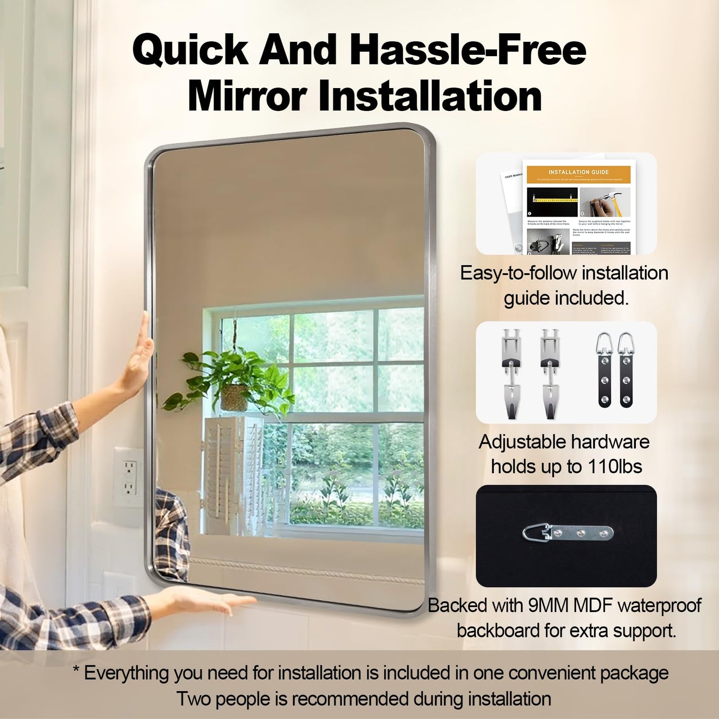 ANDY STAR 48”X30” Brushed Nickel Mirrors for Bathroom, Modern Rounded Rectangle Bathroom Vanity Mirror, SUS304-Anti-Rust Metal Frame Mirror, Wall Mounted Horizontal/Vertical 1’’ Deep