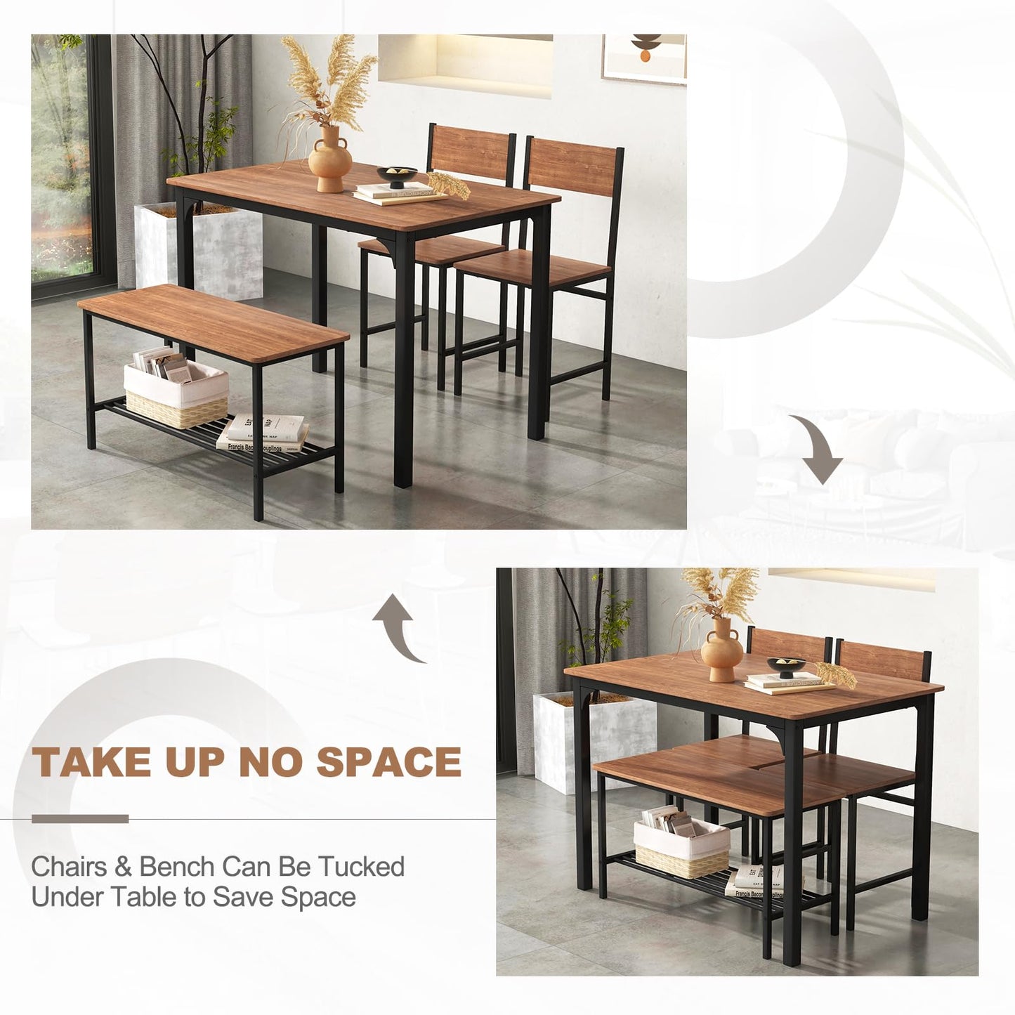 ReunionG Dining Table Set for 4, Modern Dinette with 1 Bench & 2 Chairs, Storage Shelf, 4-Piece Kitchen Table for Small Space, Apartment, Dining Room, Restaurant (Rustic Brown)