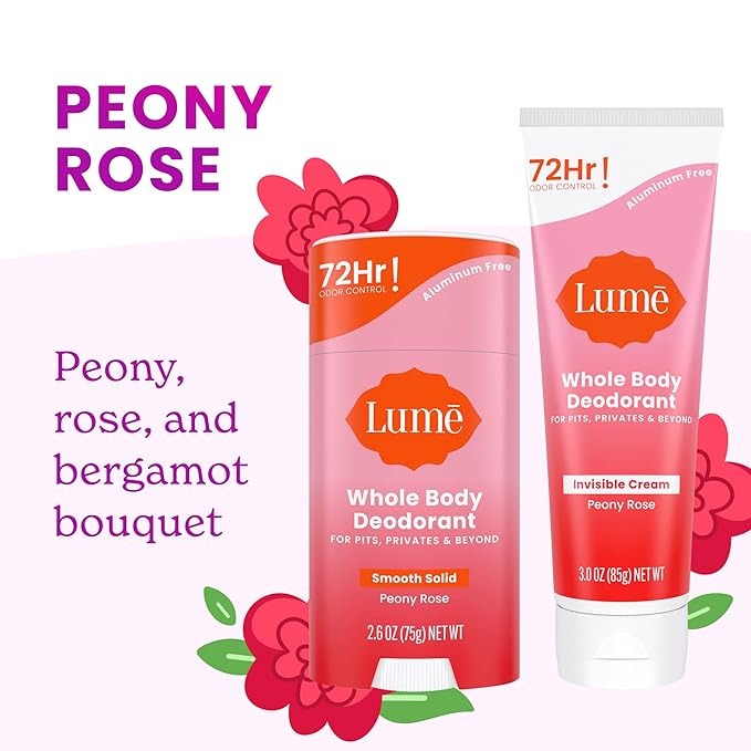 Lume Whole Body Deodorant - Invisible Cream and Solid - 72 Hour Odor Control - Aluminum Free, Baking Soda Free, Skin Safe - 3.0 Ounce Cream and 2.6 Ounce Solid Bundle (Peony Rose)