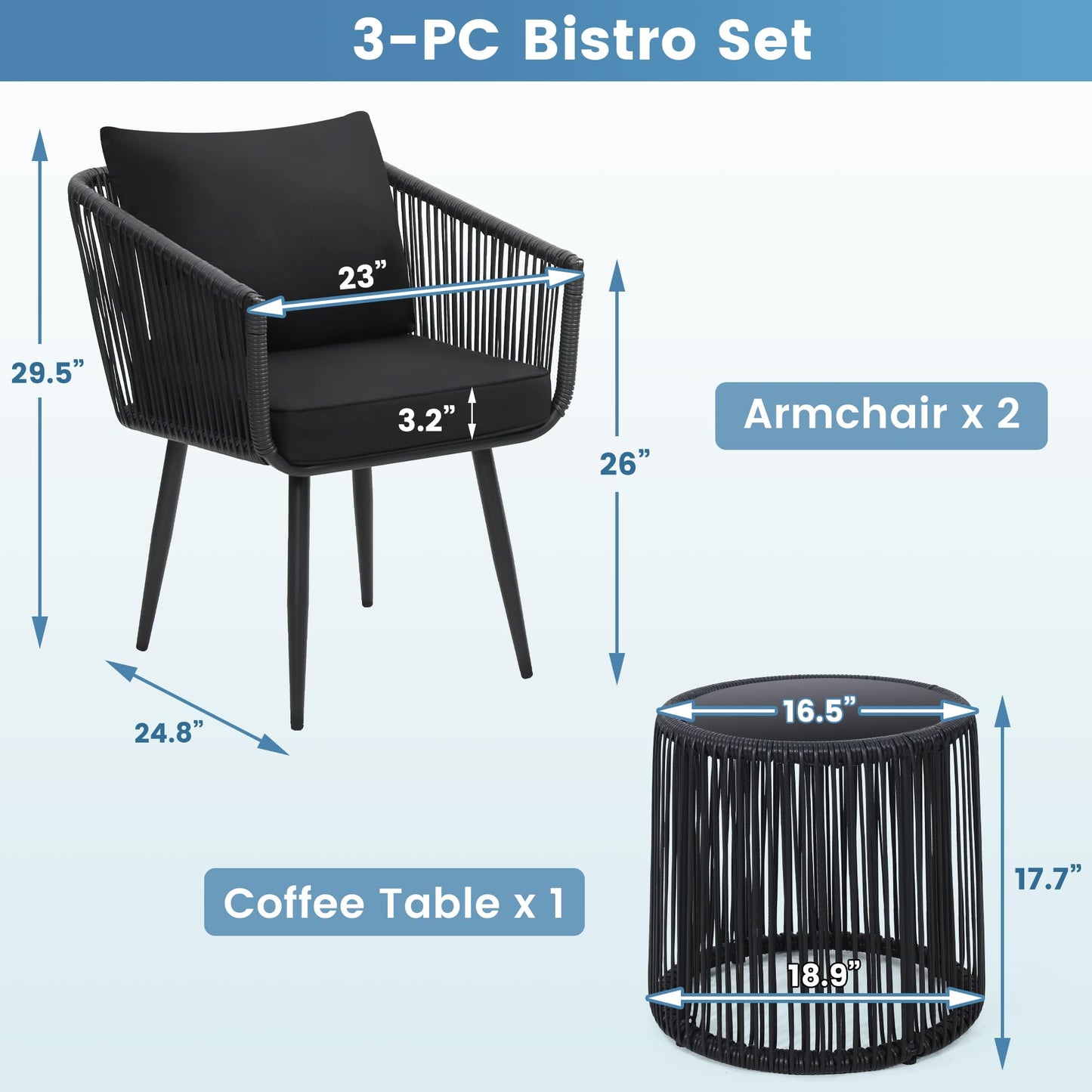 Kromax 3 Pieces Patio Rattan Bistro Conversation Set, Outdoor All-Weather Wicker Furniture Chairs and Side Table Set Ideal for Balcony, Porch and Backyard, Black