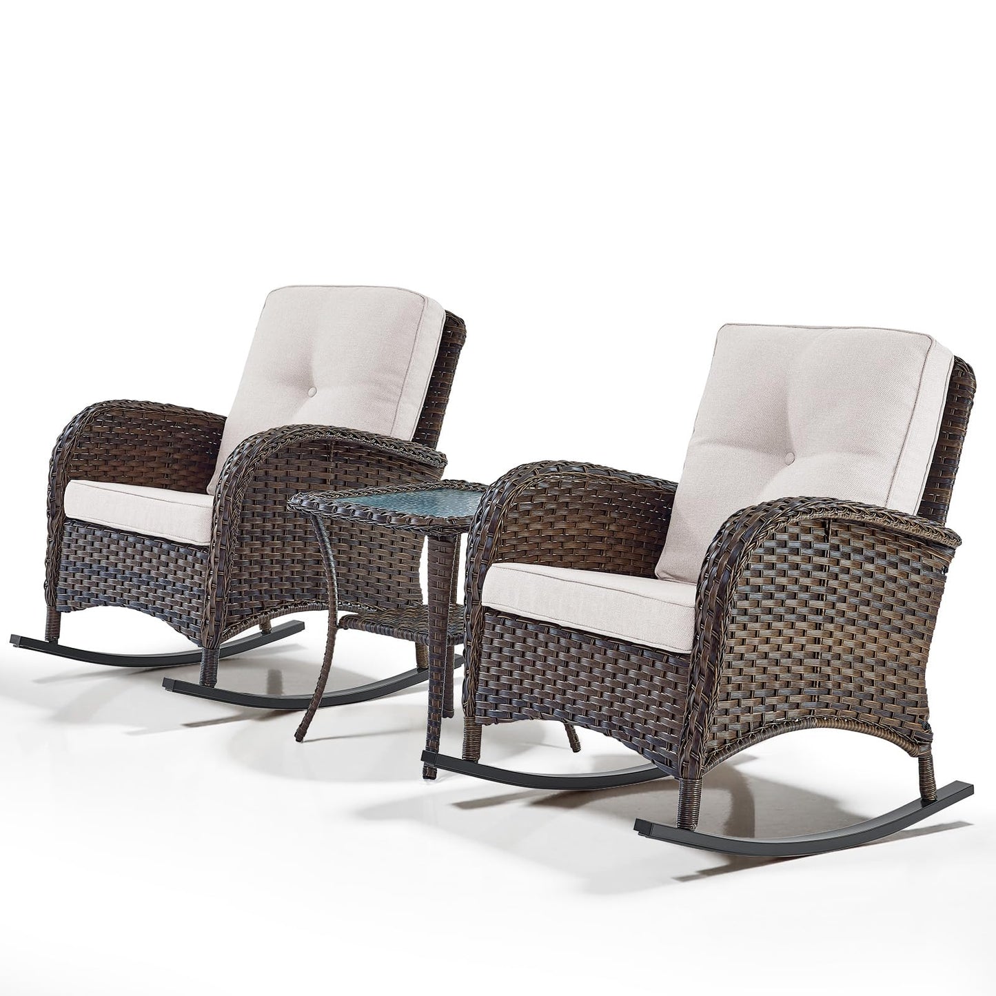 Belord Wicker Porch Rocking Chairs - 3 Pieces Patio Bistro Set High Back Outdoor Rocker Chairs Set with Side Table for Deck Balcony Brown/Beige
