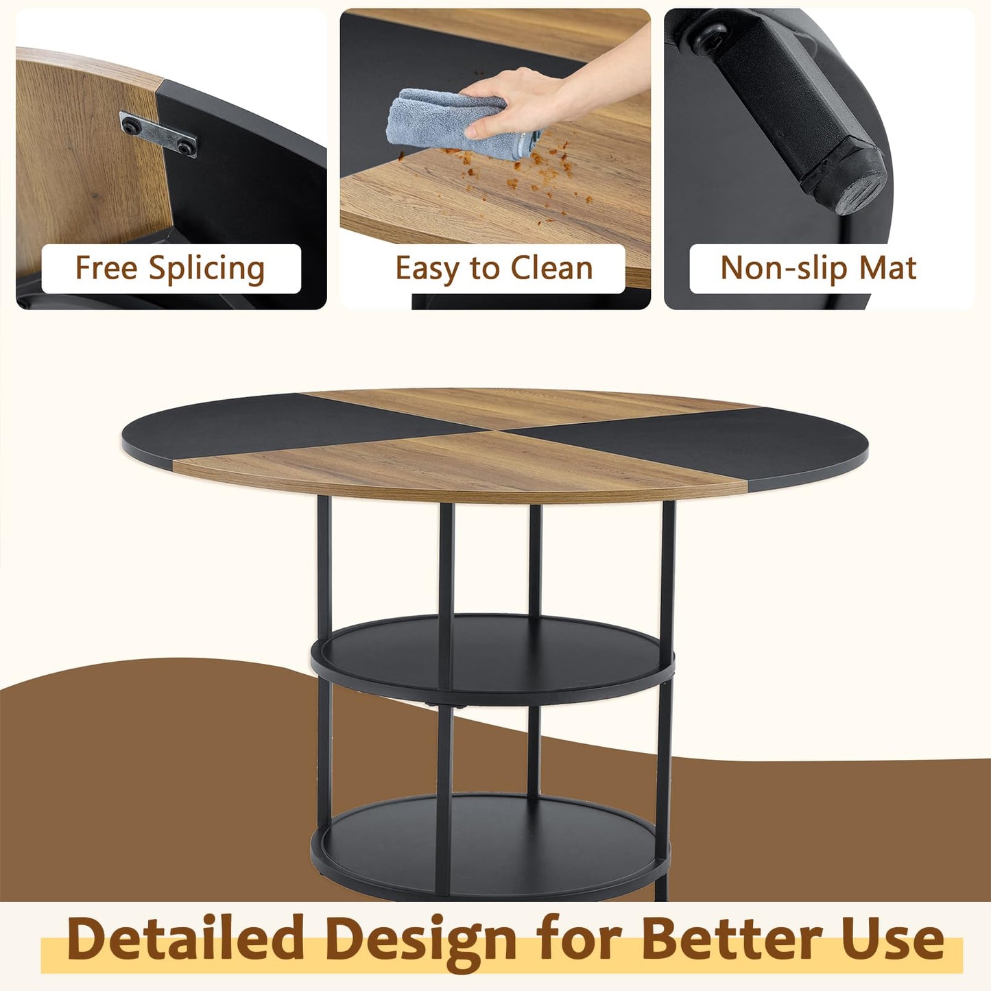 CLLASOU Round Dining Table for 4-6, Dining Room Table with Storage Shelf, Modern Wood Dinner Table with Metal Support for Dining Room, Living Room, Kitchen, Black & Rustic