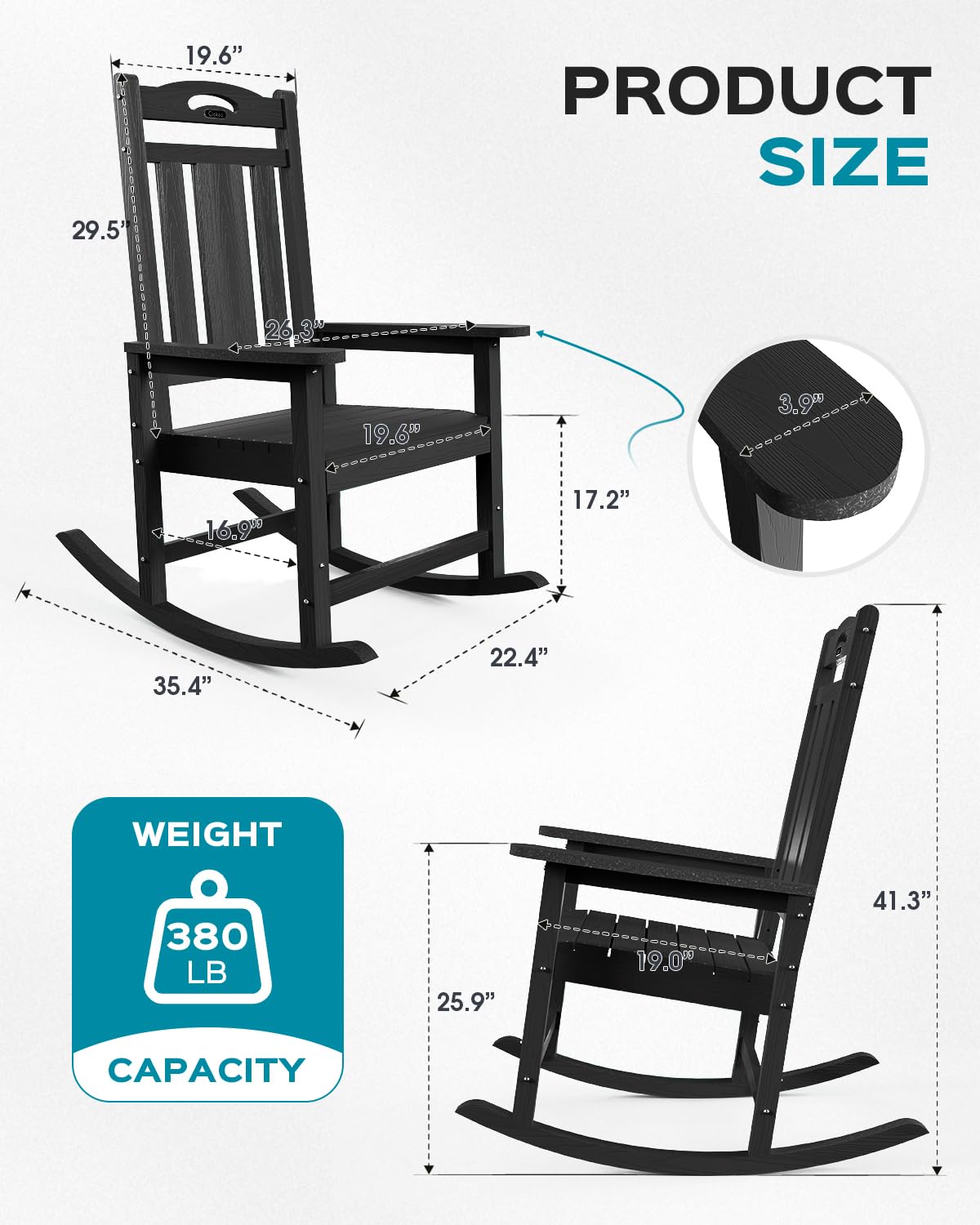 Black Outdoor Rocking Chairs Set of 2, HDPE Poly Rocking Chair for Adults, Patio Rocking Chairs for Porch