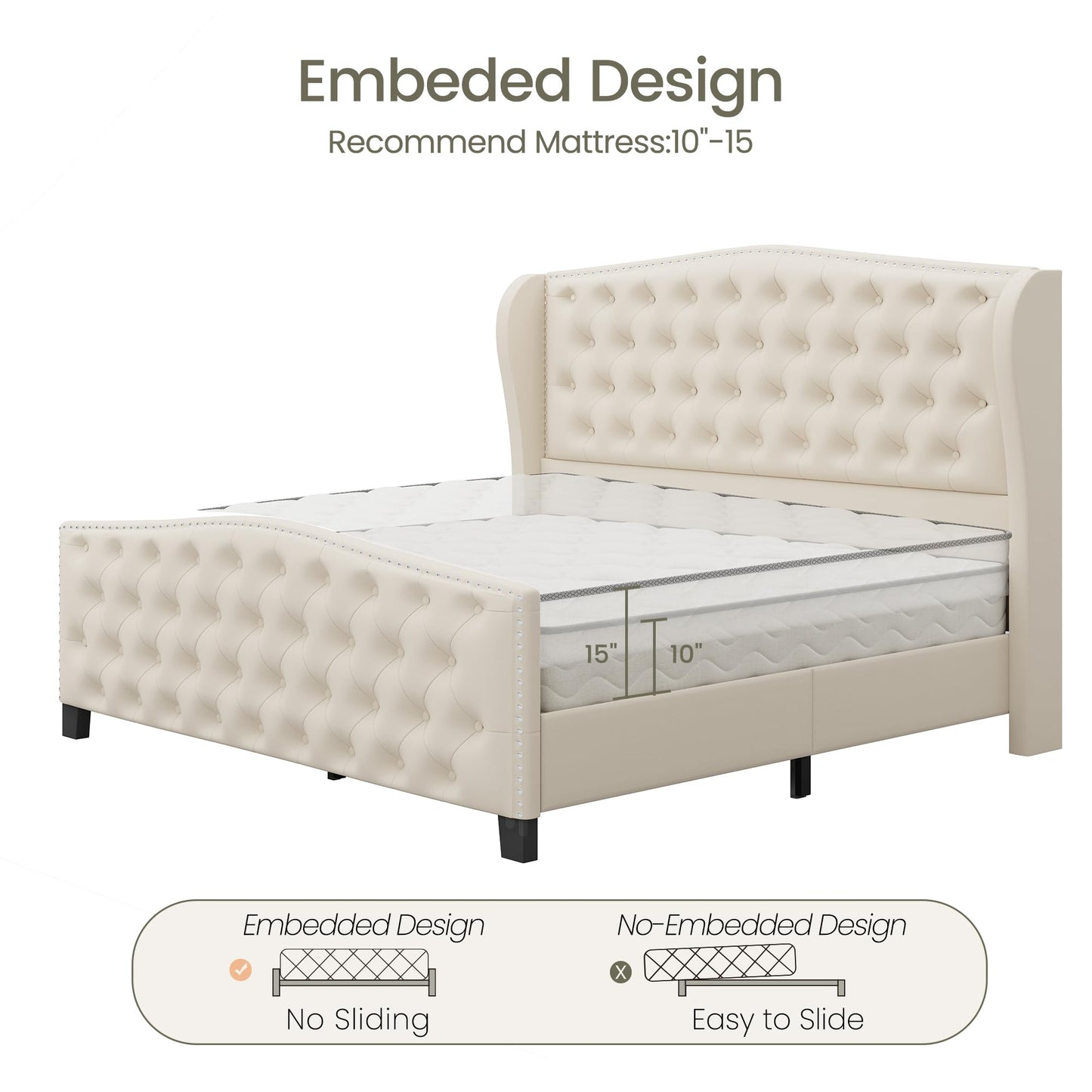 LARMACE Queen Size Bed Frame Velvet Upholstered Platform Bed with Wingback Headboard & Footbaord, Deep Button Tufted Bed Frame with Wood Slats Support, No Box Spring Needed, Beige