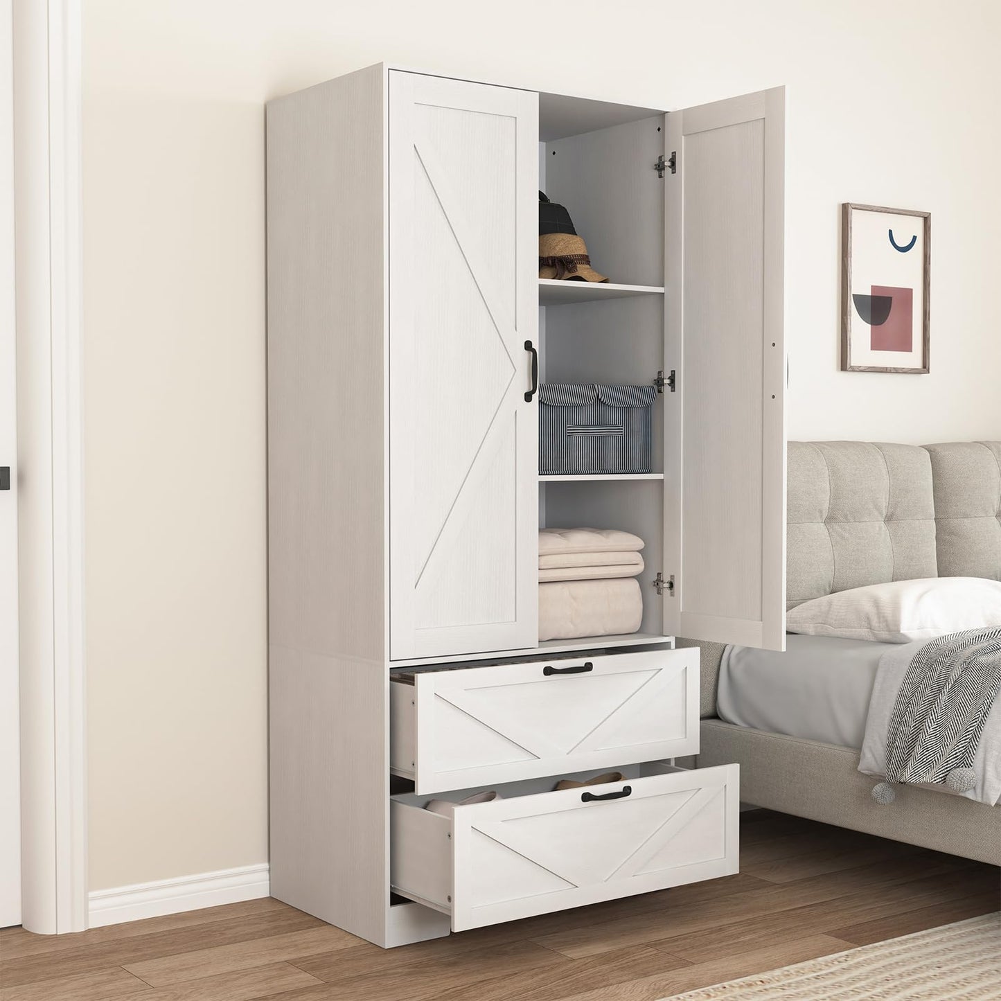 UZUGUL Armoire Wardrobe Closet with Mirror and 2 Drawers, 72'' Bedroom Armoire Wardrobe Cabinet with Hanging Rod and Light,Wooden Bedroom Closet with Adjustable Shelf