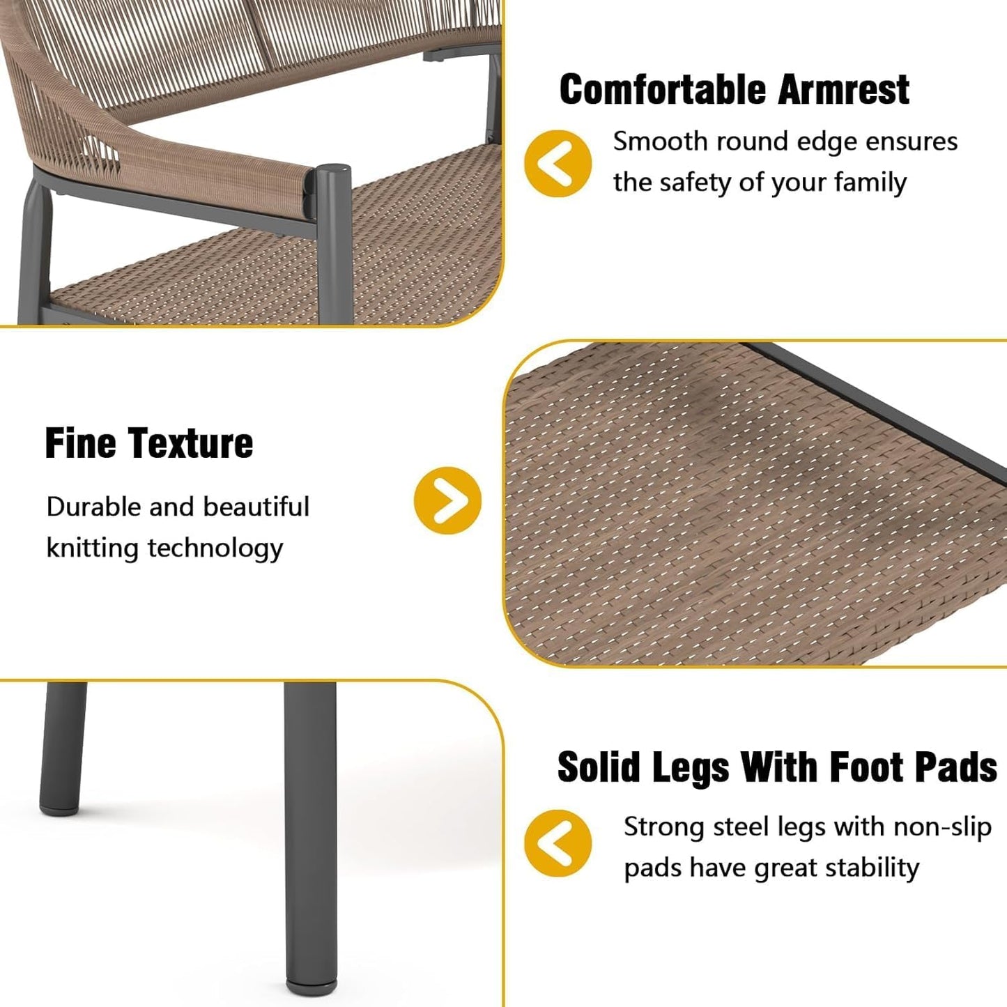 OPENAIRCOMFORT Outdoor Loveseat Bench,46.8 Inches Wicker Frame Patio Bench, All Weather Outdoor Bench with Rattan Backrest Armrests and Metal Legs for Lawn, Front Porch, Park, Yard