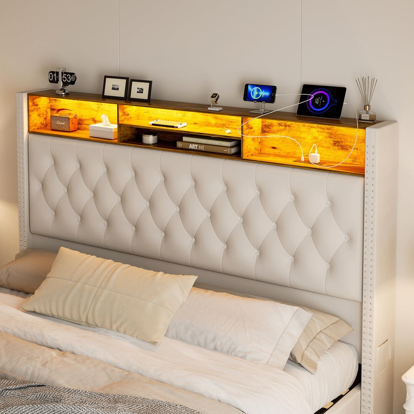CIKUNASI Upholstered King Size Bed with Headboard & Storage - 60" Tall with 2 Drawers, Tufted Wingback Bed w/ LED Light & Charging Station - No Box Spring Needed