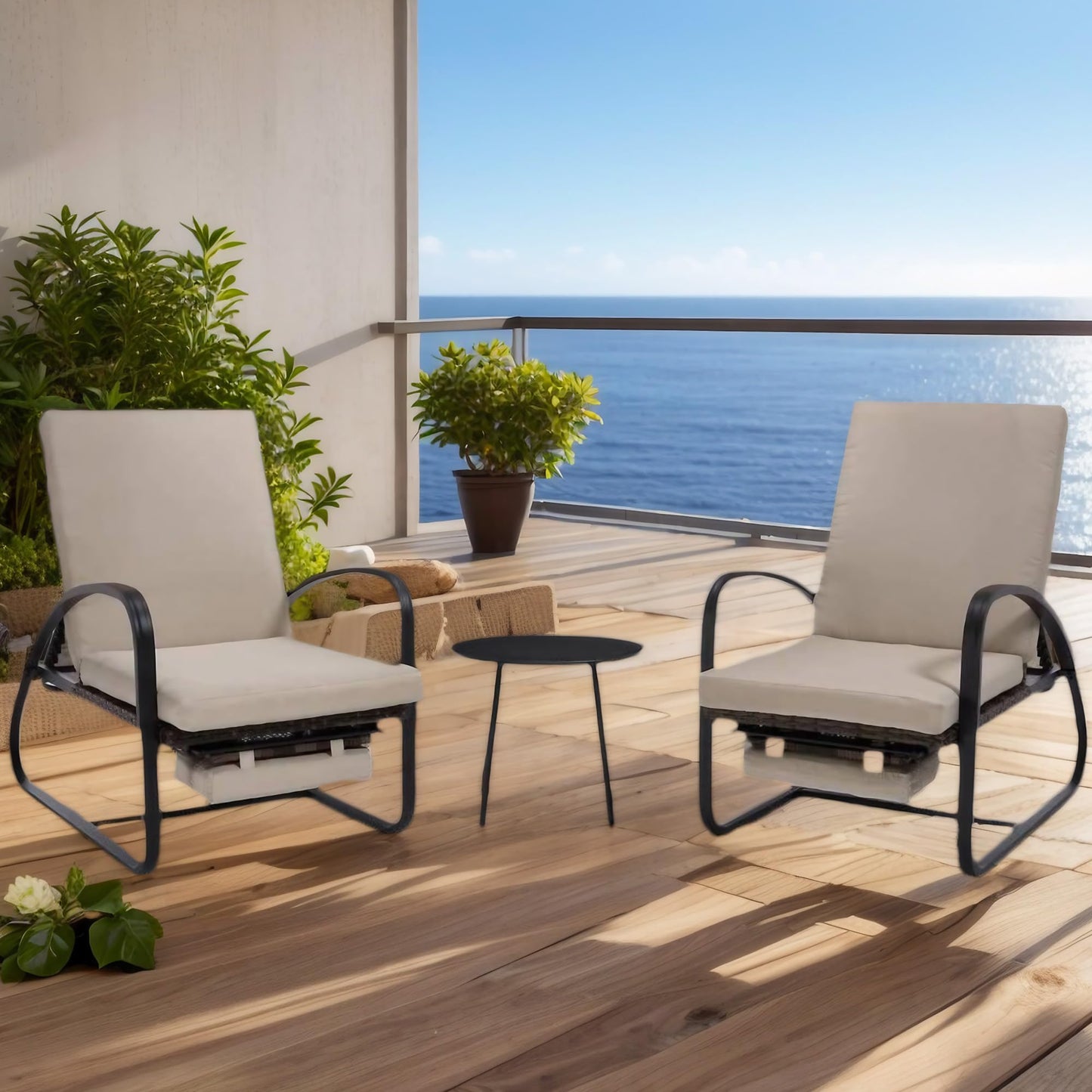 DAYARUS 3 Piece Patio Furniture Set, Modern Patio Chaise Lounge Chairs, 5-Position Adjustable Bistro Set Balcony Furniture, Metal Patio Chairs with Coffee Table, Pool Lounge Chair for Deck, Khaki