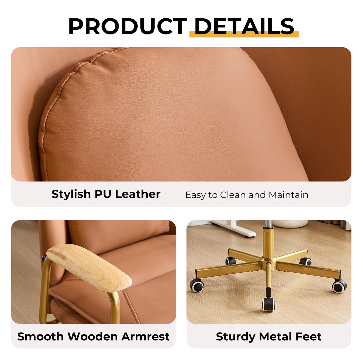 Furniliving Leather Home Office Desk Chairs，Comfy Office Chair, Adjustable Swivel Vanity Chair with Golden Legs and Wooden Padded Armrest, Modern Upholstered Task Chair with Wheels,Brown