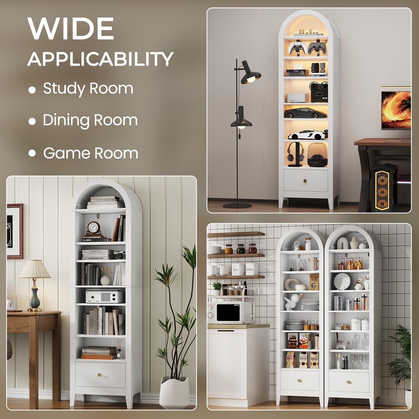 Seeday 71" Tall Narrow Arched Bookshelf, 8-Tier White Arched Bookcase with Adjustable Shelves & Drawer, Modern Open Book Shelf for Living Room, Bathroom, Kitchen, White