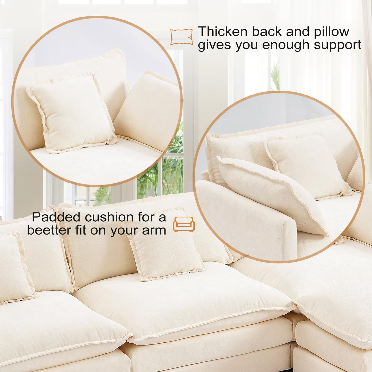 Furniliving Oversized Accent Chair with Ottoman, Luxury Chenille Single Sofa, Upholstered Deep Seat Chaise Lounge with Pillows for Living Room, Bedroom, Apartment, Beige