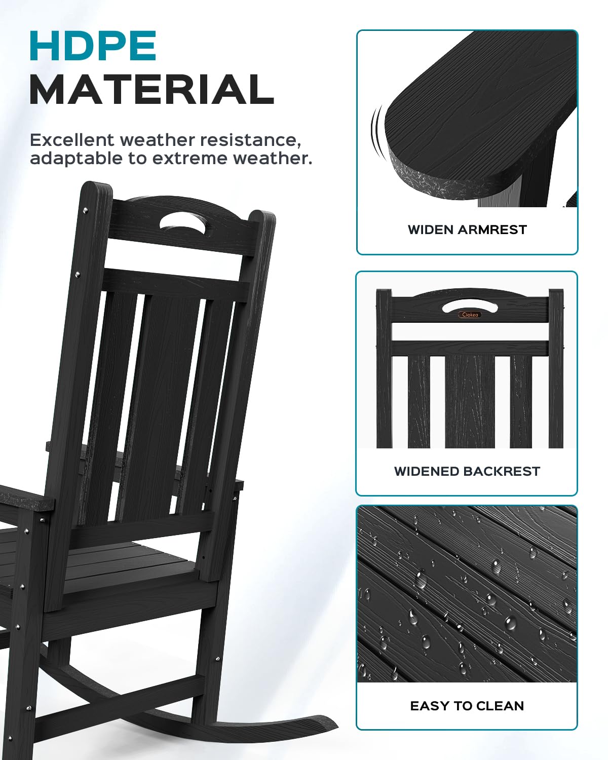 Black Outdoor Rocking Chairs Set of 2, HDPE Poly Rocking Chair for Adults, Patio Rocking Chairs for Porch