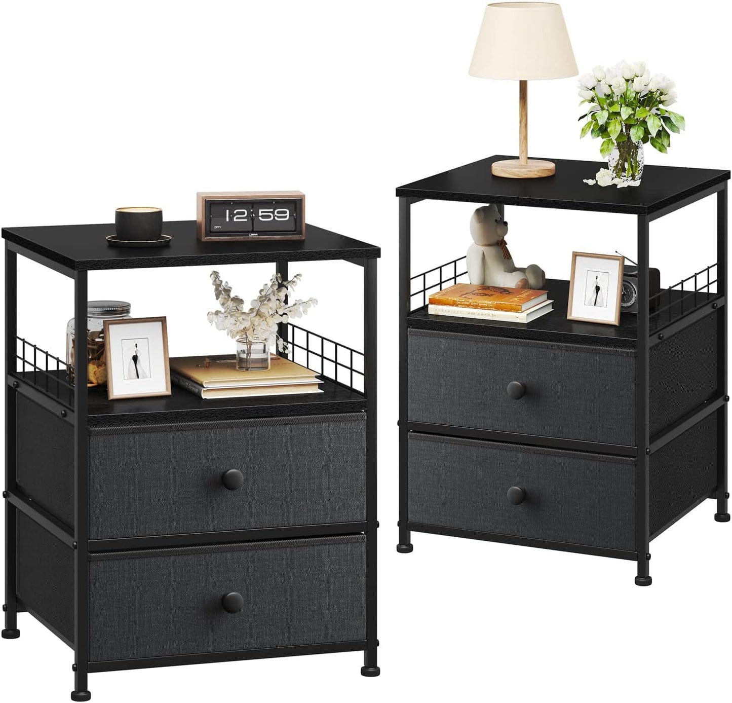 Nightstand Set of 2, 17.8"W Bedside Table with Fabric Drawers and Open Wood Shelf Storage, Safety Netting on Both Sides of Bedside Table,Night Stand for Bedroom,Closet, Hallway, Dorm,Black and Gray