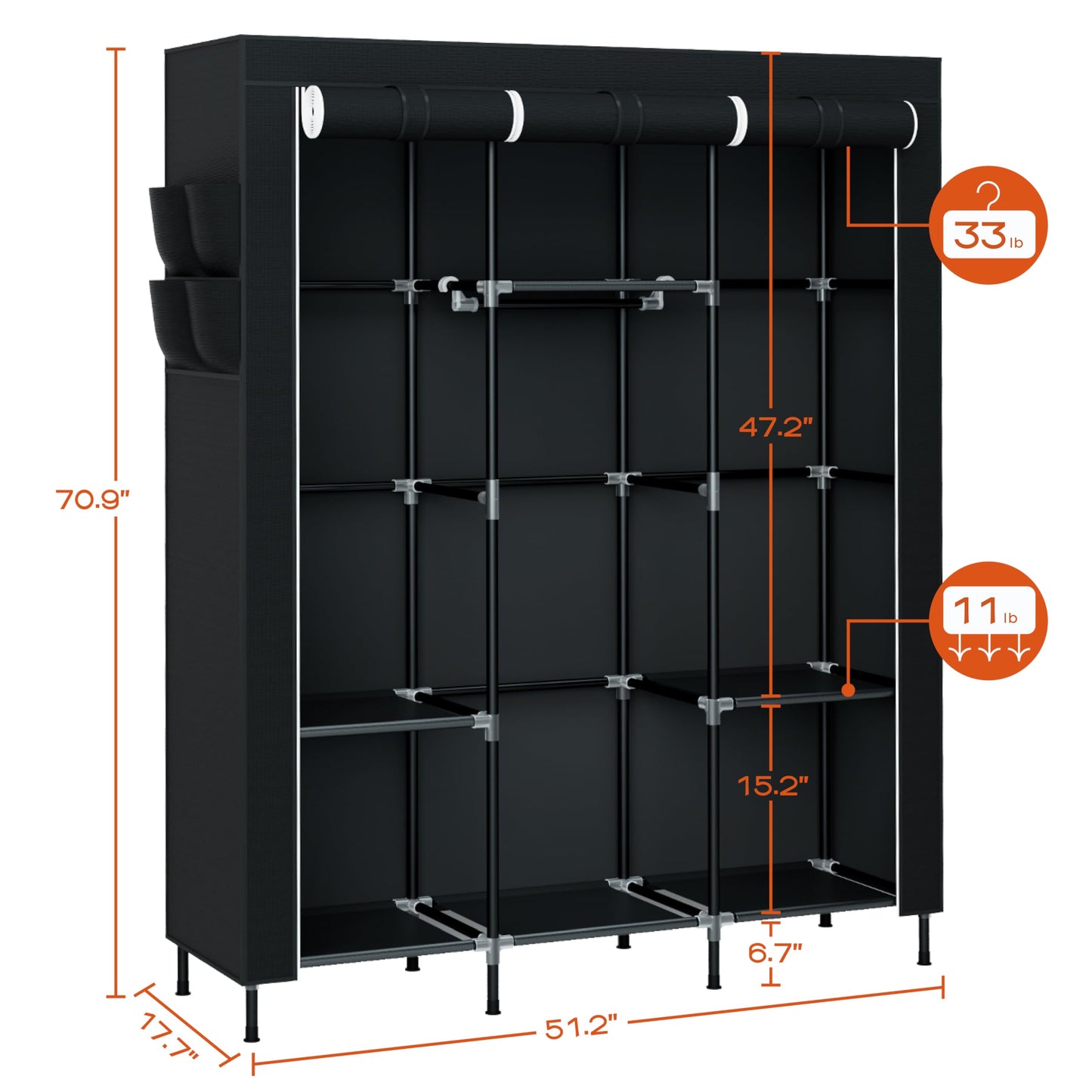 CASAMAYA Portable Closet, 51.2 Inch Large Capacity Wardrobe Closet with Cover, Clothes Storage Organizer with Shelves and 3 Hanging Rods, Easy to Assembly, Black PCT203B01