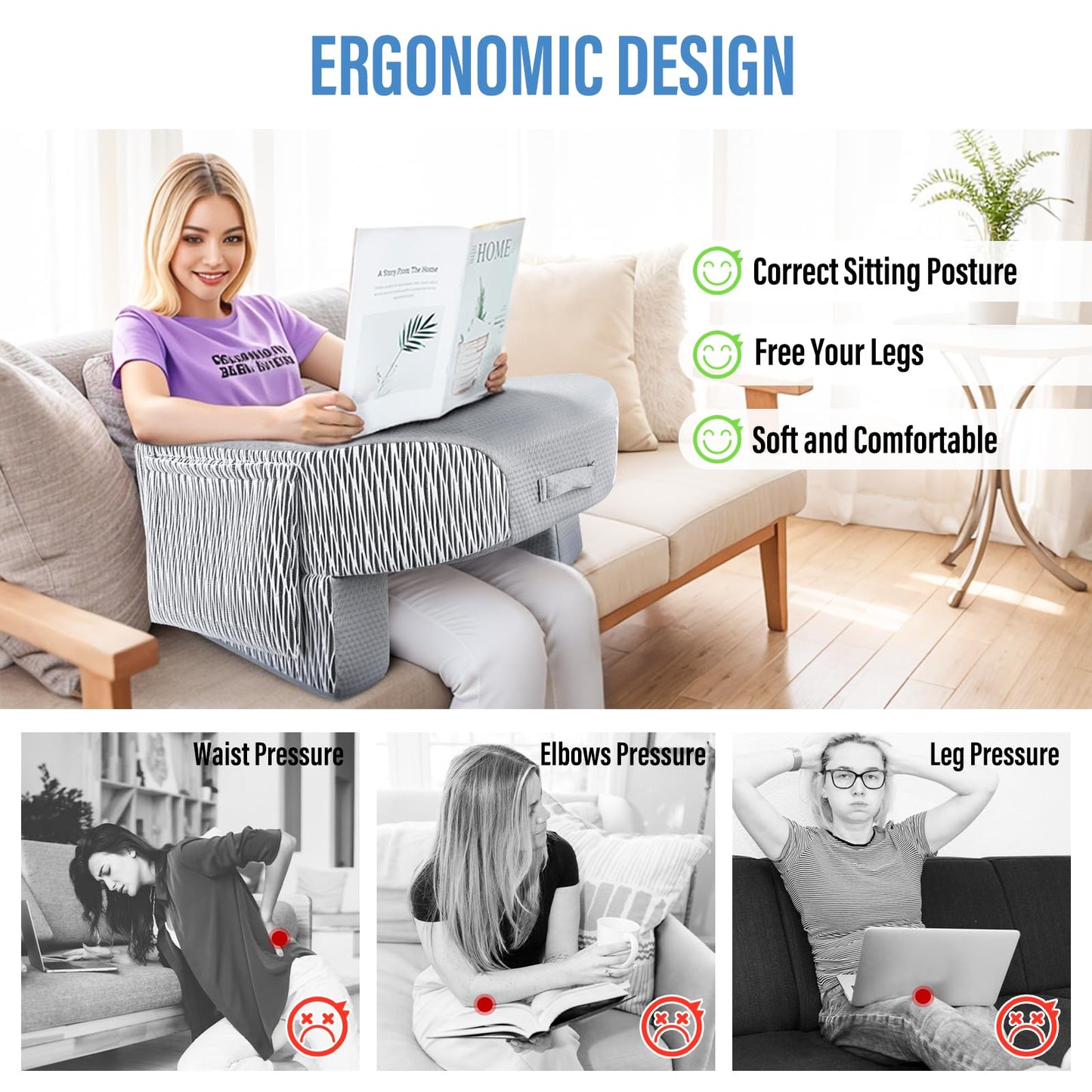 LEBENGURU Reading Pillow for Laptop, Extra Large Armrest Gaming Pillow for Working, Hight Adjustable Lap Desk Pillow for Adult Sitting in Bed, Floor, Sofa（Stripe and Grey）