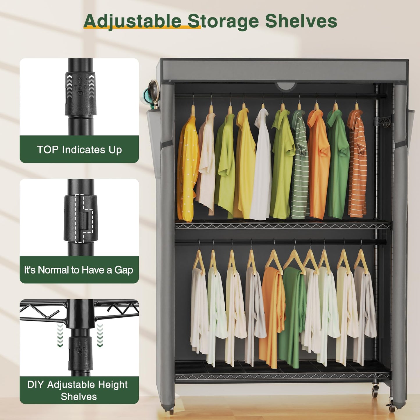 LEHOM G1C Heavy Duty Clothes Rack with Cover, Rolling Garment Rack for Hanging Clothes, Portable Closets with Oxford Fabric Cover, Freestanding Clothing Rack on Wheels, Storage Wardrobe for Bedroom