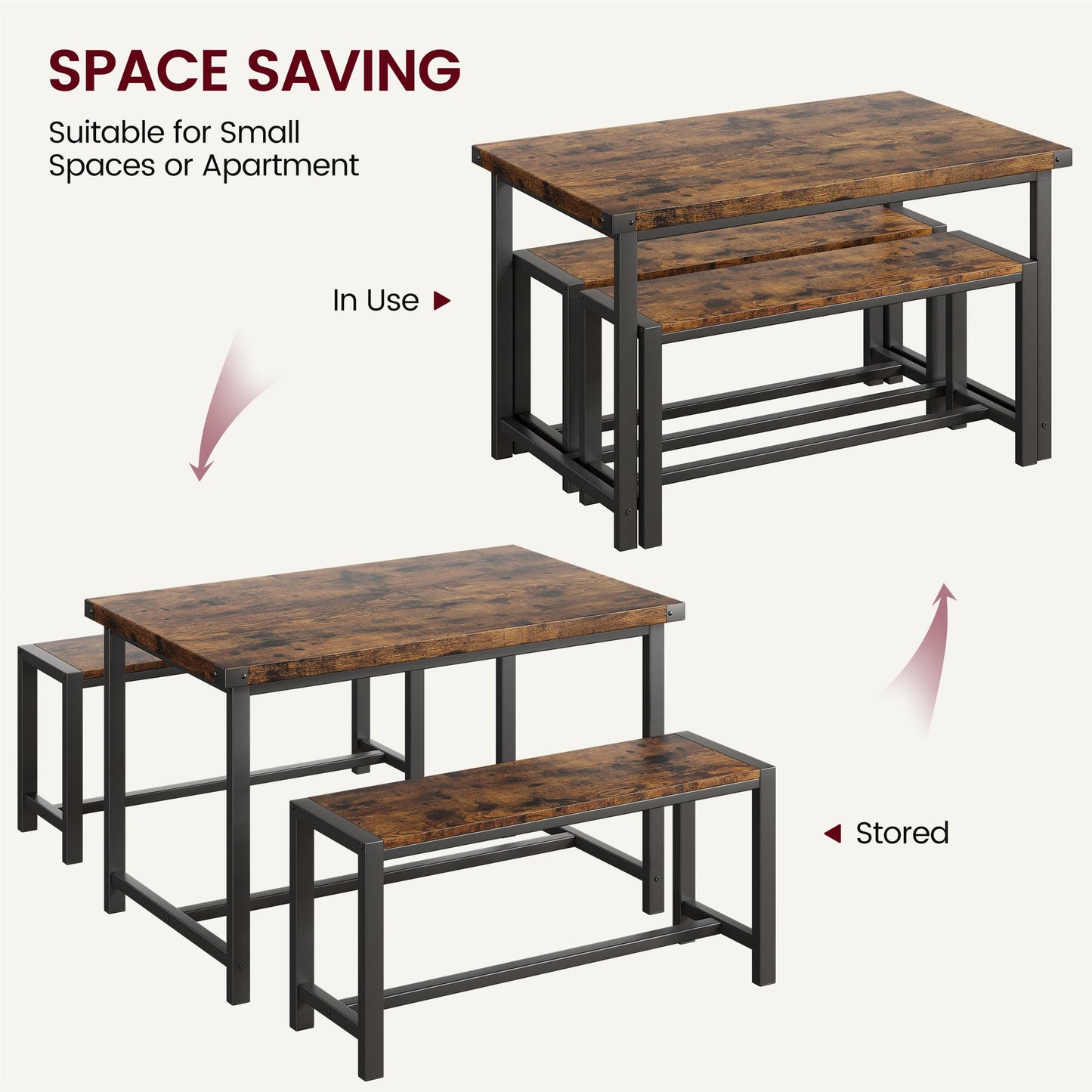 GarveeHome Dining Table Set for 4, Kitchen Table with 2 Metal Wood Benches, Rectangular Room Dining Table Set, 3 Piece Bench Table Set for Small Space, Apartment, Studio, Rustic Brown
