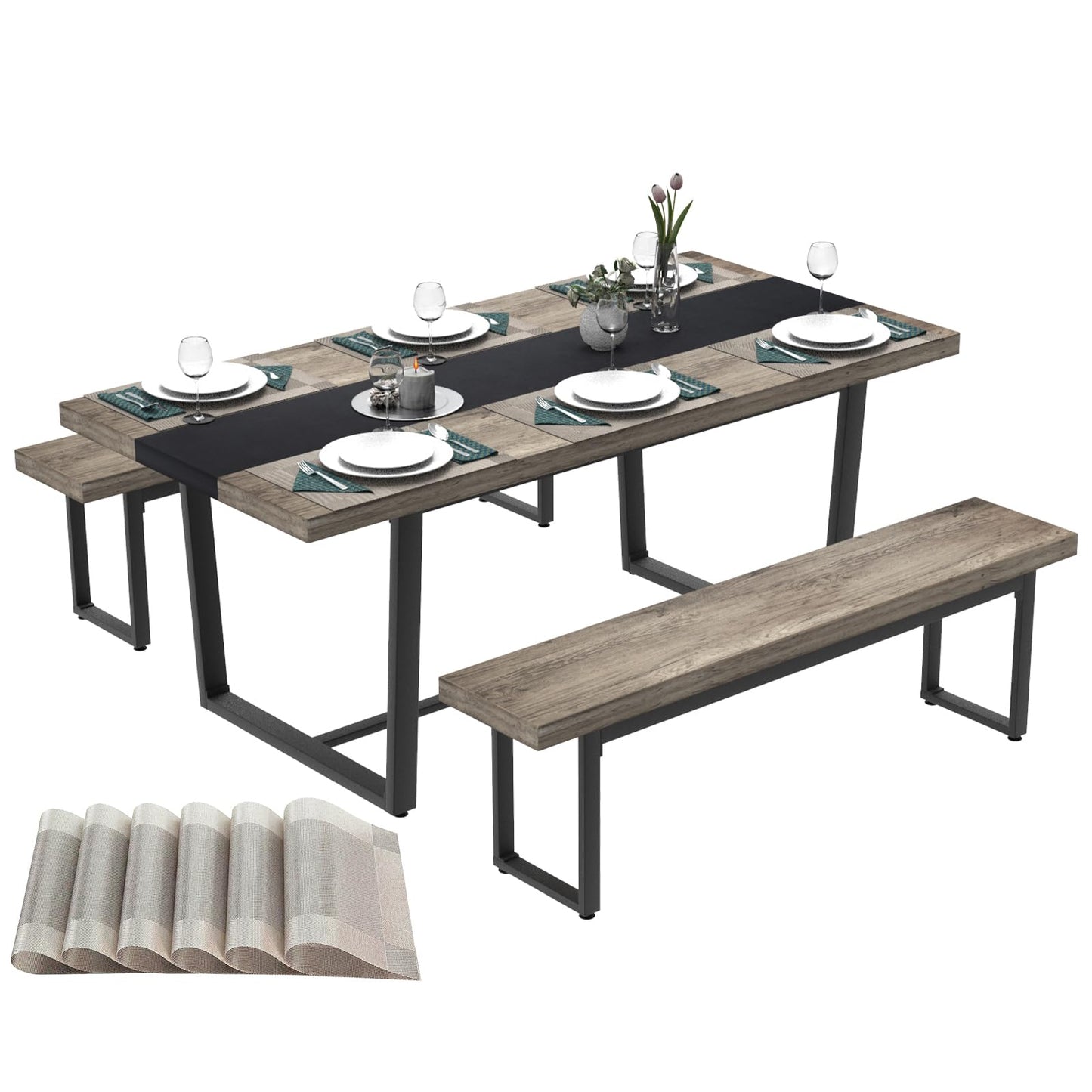 STHOUYN 71" 6ft Large Dinner Table for 6 8 Seat Dining Room Table, Rectangular Farmhouse Modern Kitchen Long Black & Grey Industrial Conference (Grey)