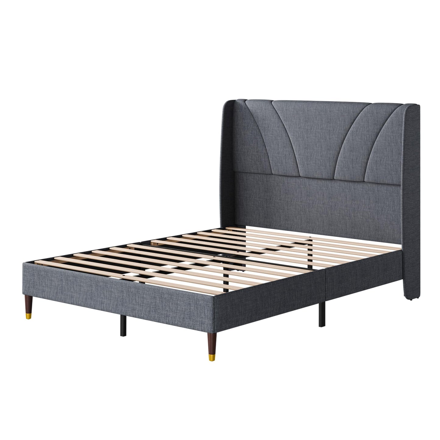 Cozy Castle Queen Bed Frame with 51.2" Tall Curved Wingback Headboard, Linen Upholstered Platform Bed, Soft Fabric/Noise-Free/Wooden Slats Support/No Box Spring Needed/Easy Assembly, Gray