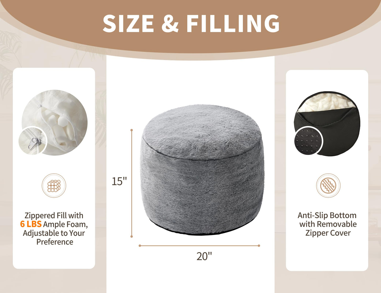 Round Ottoman Foot Rest for Couch 20"x15" Foot Stool Ottoman Pouf with Foam Chunk Filling Small Ottomans Foot Stools Poufs for Living Room Dark Grey Poof Hassocks and Ottomans Soft Foot Rest for Chair