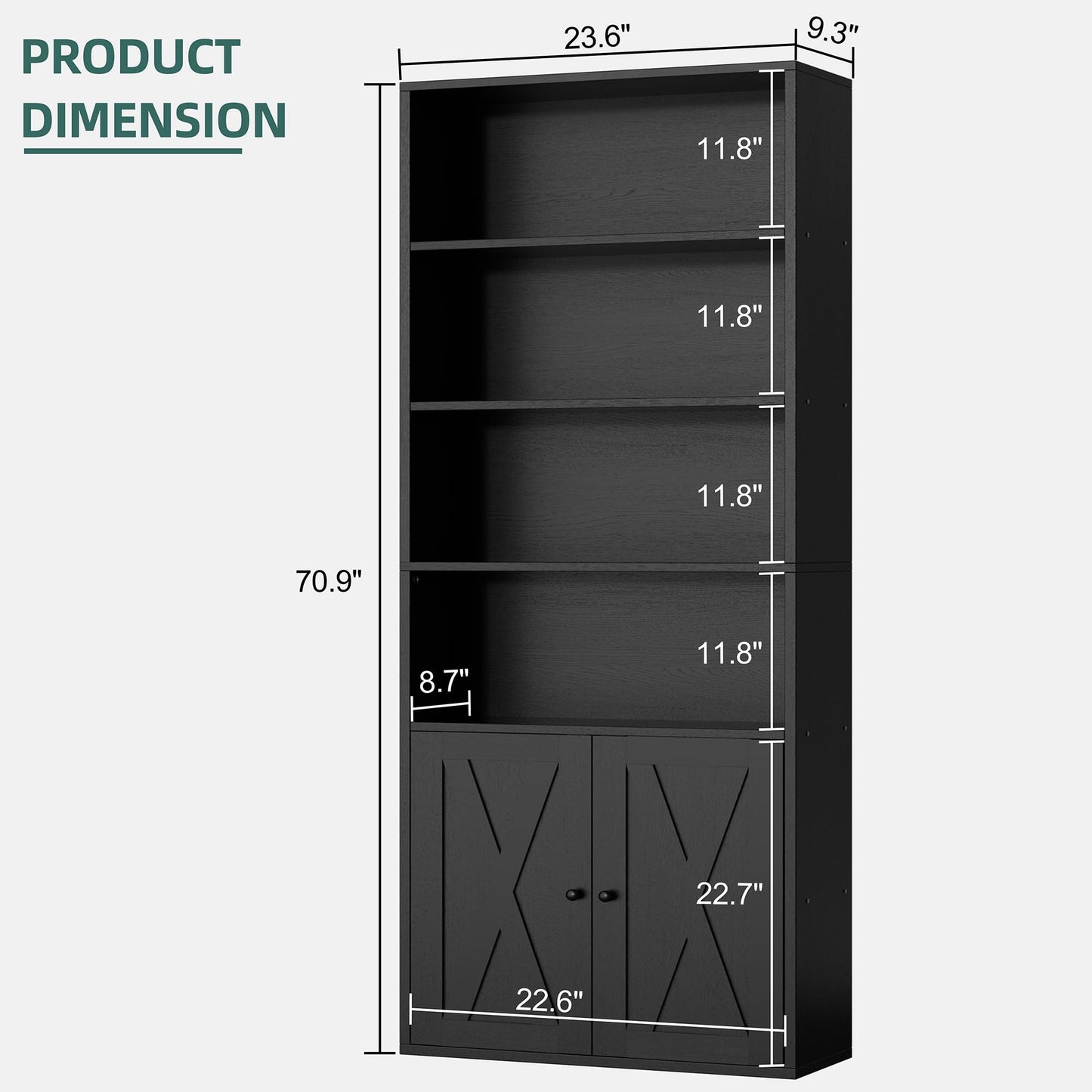 Shintenchi Bookshelf, Industrial Bookshelves and Bookcases with Doors Floor Standing 6 Shelf Display Storage Shelves 70.6 inches Tall Bookcase for Home Office, Living Room (Black)
