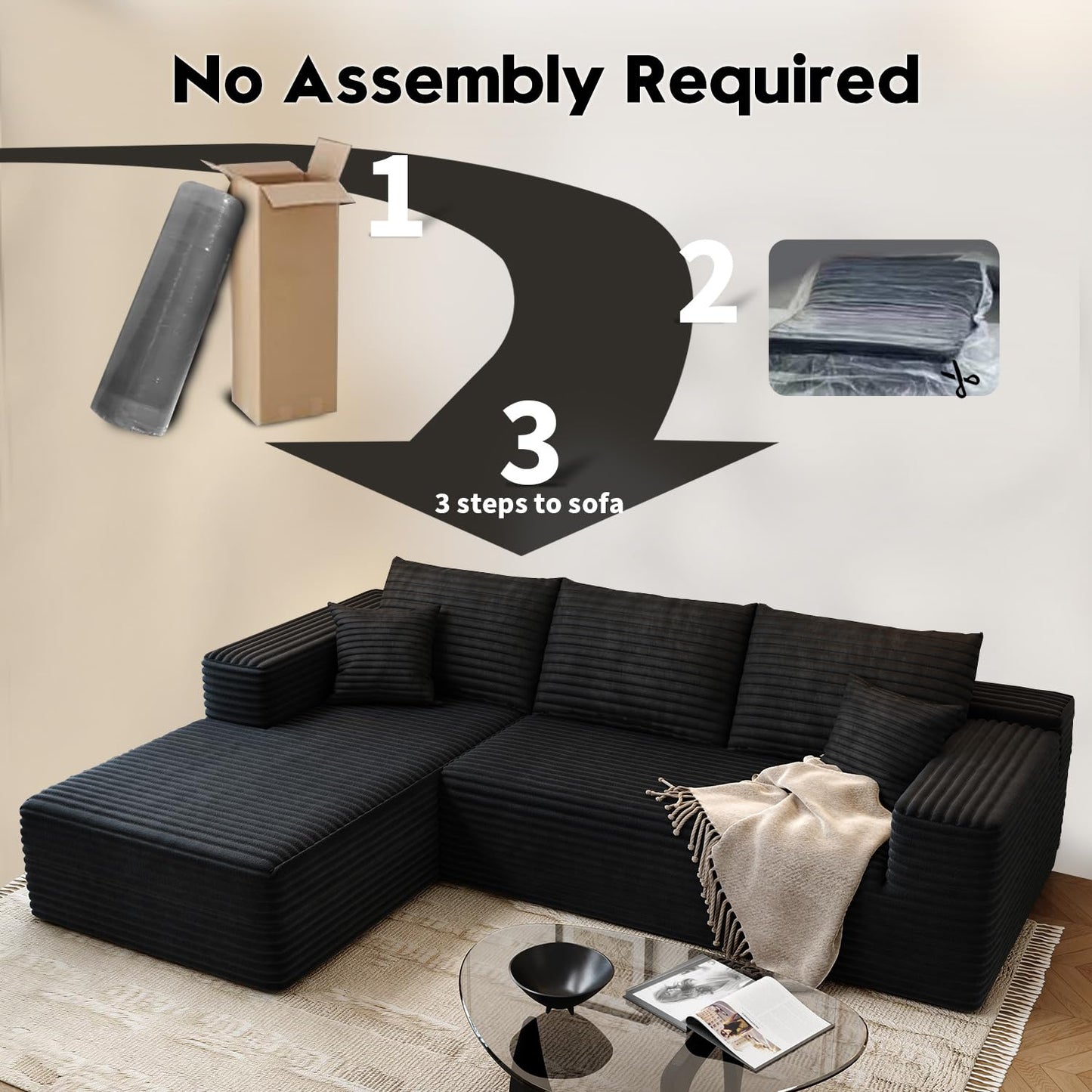 107.5" Cloud Modular Sectional Sofa Couch with L-Shape Chaise,Modern Minimalist Upholstered Couches for Living Room Bedroom,Deep Seat Corner Couch，No Assembly Required (Black,Left Facing Chaise)