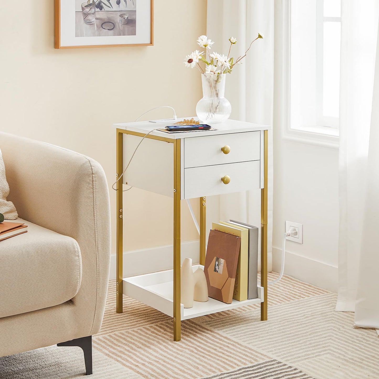HOOBRO End Table with Charging Station, Tall Nightstand with Storage Drawer, Small Side Table with Gold Frame, 26.2 Inch Telephone Entryway Table for Bedroom, Hallway White and Gold DW72UBZ01