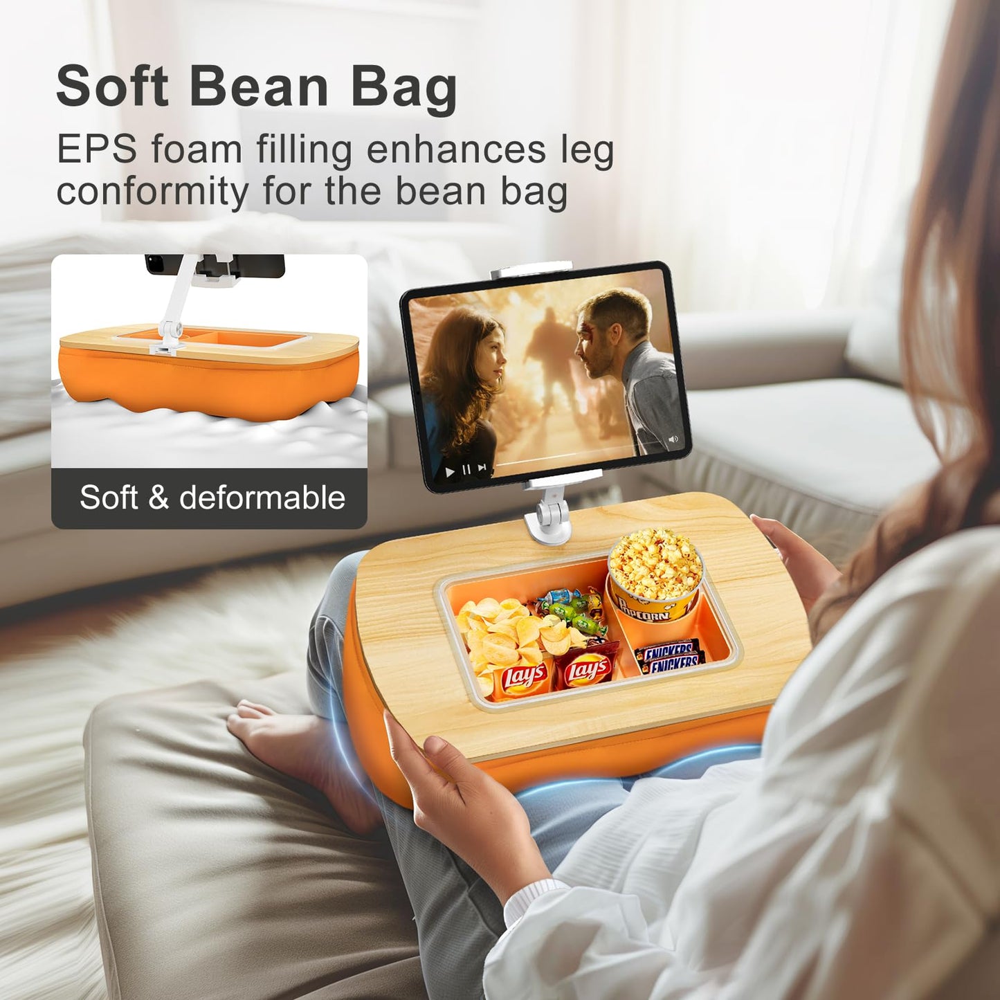 ERGONOV Lap Beanbag Tablet Pillow Stand with Snack Bowl and 360° Rotating Arm, Adjustable iPad Holder for Bed, Couch, and Recliner, Compatible with 4.7"-13" Kindle, iPad, Tablet, Phone,Orange