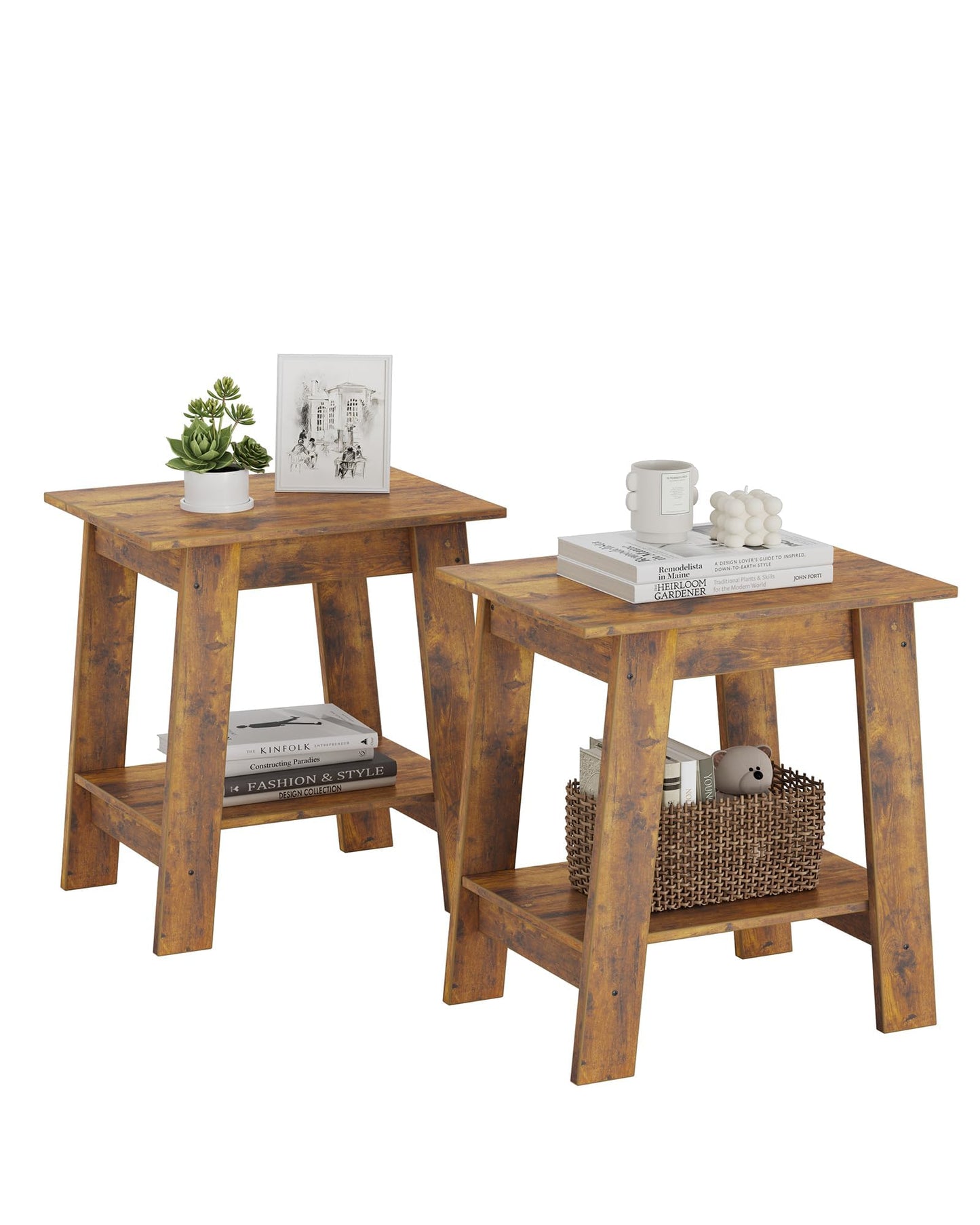 End Table, Small Side Table, Nightstand with 2 Tier Storage Shelf, Set of 2 Narrow Side Table for Living Room, Small Spaces, Bedroom, Entryway, Farmhouse, Brown