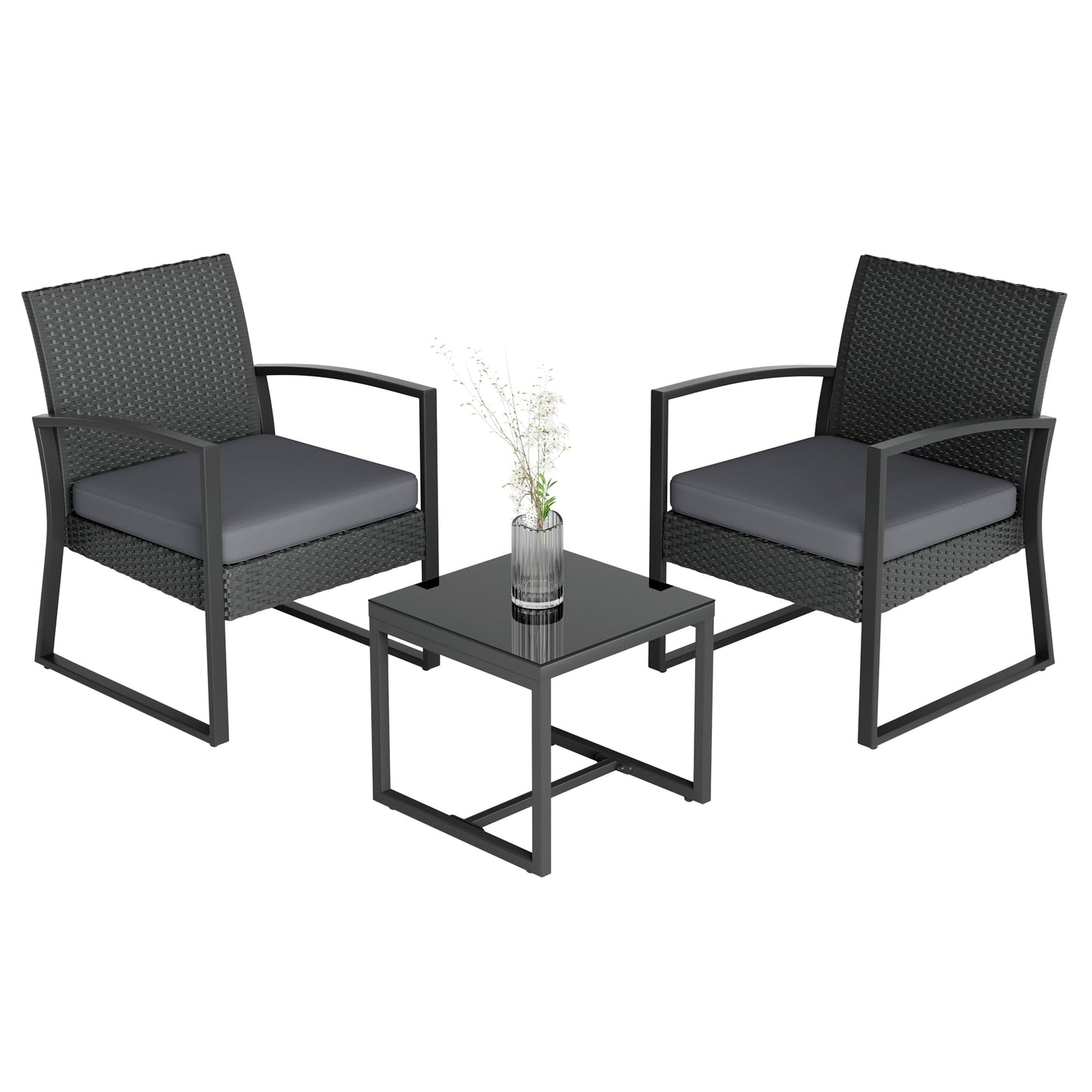 ELEGIBLISS 3-Piece Patio Furniture Set, Wicker Rattan Chairs with Coffee Table, Metal Frame, for Outdoor Balcony, Porch