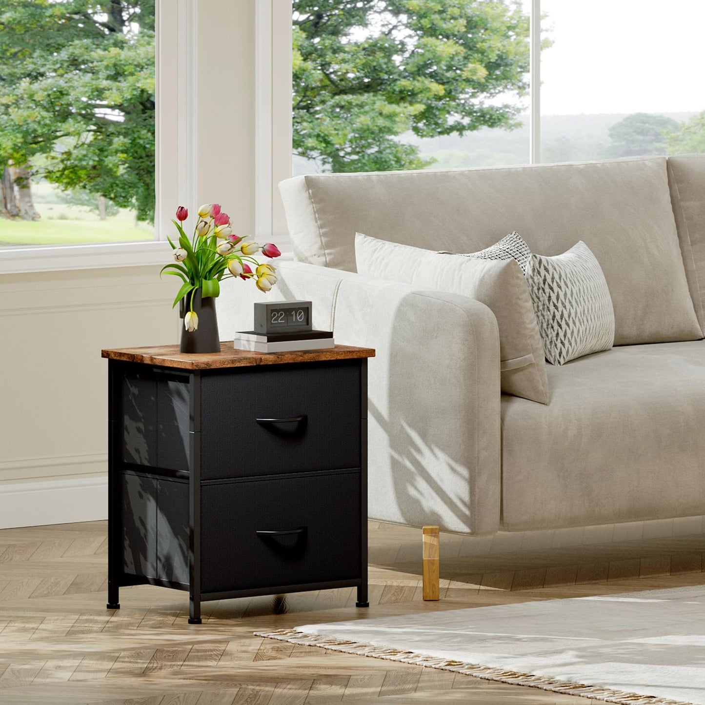 Somdot Black Nightstand, Small Dresser for Bedroom with 2 Drawers, Bedside Table Night Stand End Table with Fabric Bins for Bedroom Kids Closet Dorm Guest Room, Black Rustic Brown