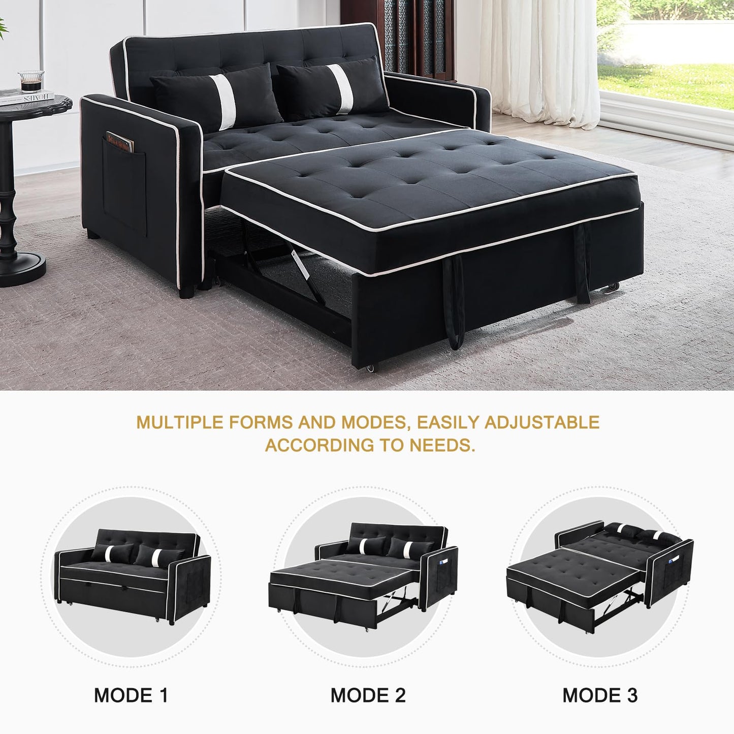 Black Couch Bed, Sleeper Sofa Couch with Pullout Bed Small Couches for Small Spaces, Convertible Futon Sofa Bed, Adjustable Backrest and Pillows, Built-in Side Storage Pockets,Tufted Design
