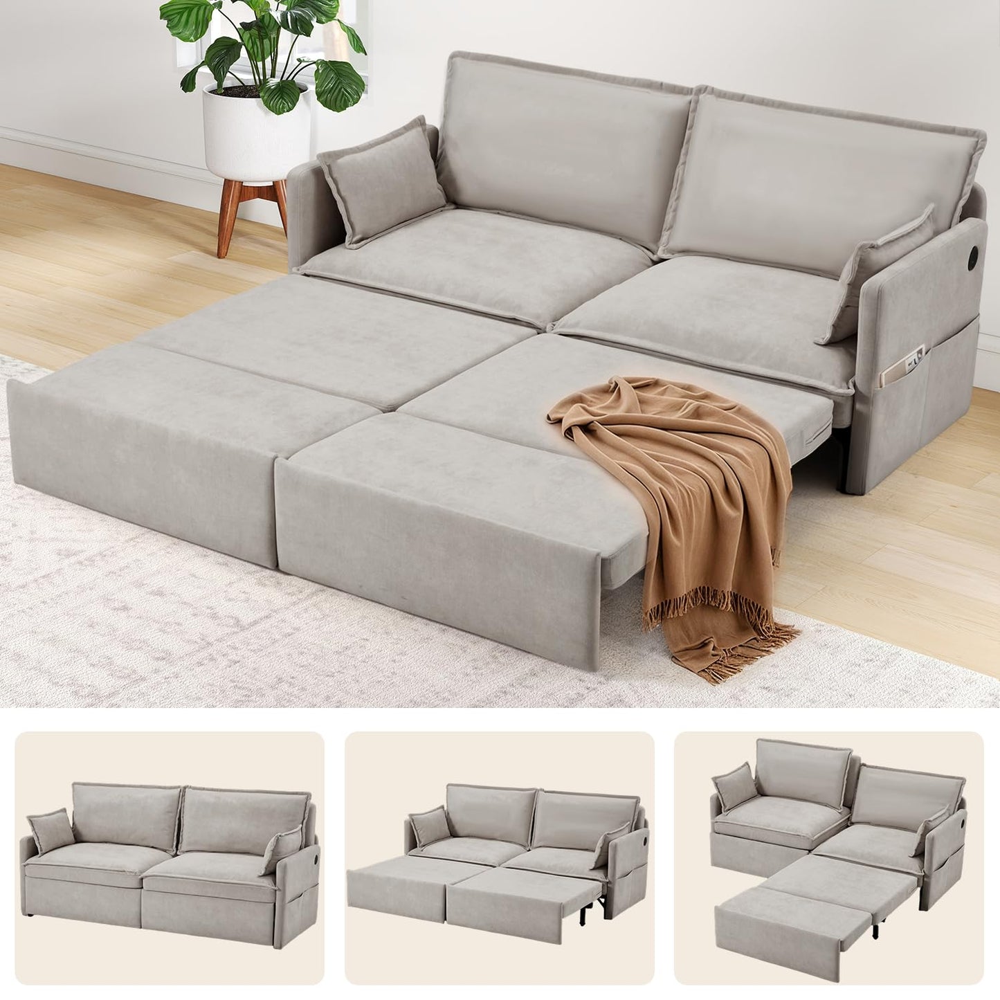 JFHID 3 in 1 Sofa Bed, 72" Pull Out Couch Sleeper Sofa Bed with USB Ports & 4 Side Pockets for Living Room, Apartment, Light Grey