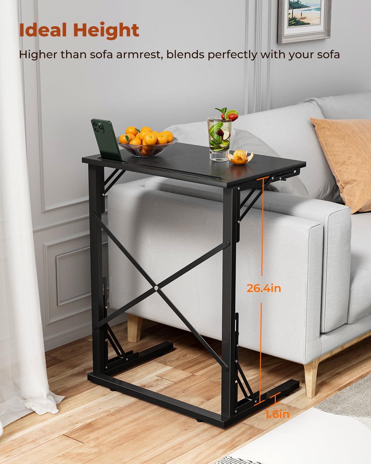 Evermagin 21''Wx28''H TV Tray Set of 2, Small Foldable C-Shaped End Table for Eating with Tablet and Phone Slots, Slide Under Couch Side Table for Recliner, Living Room, Bedroom, Black