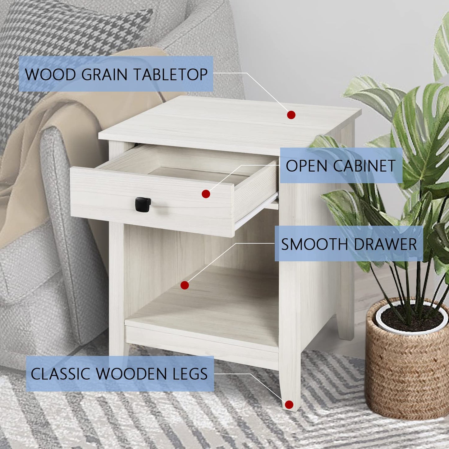 LTMEUTY Wood Nightstand Set - Set of 2 White Nightstands with Drawers for Bedroom Bedside Table, Tall Night Stand with One Drawer & Open Cabinet