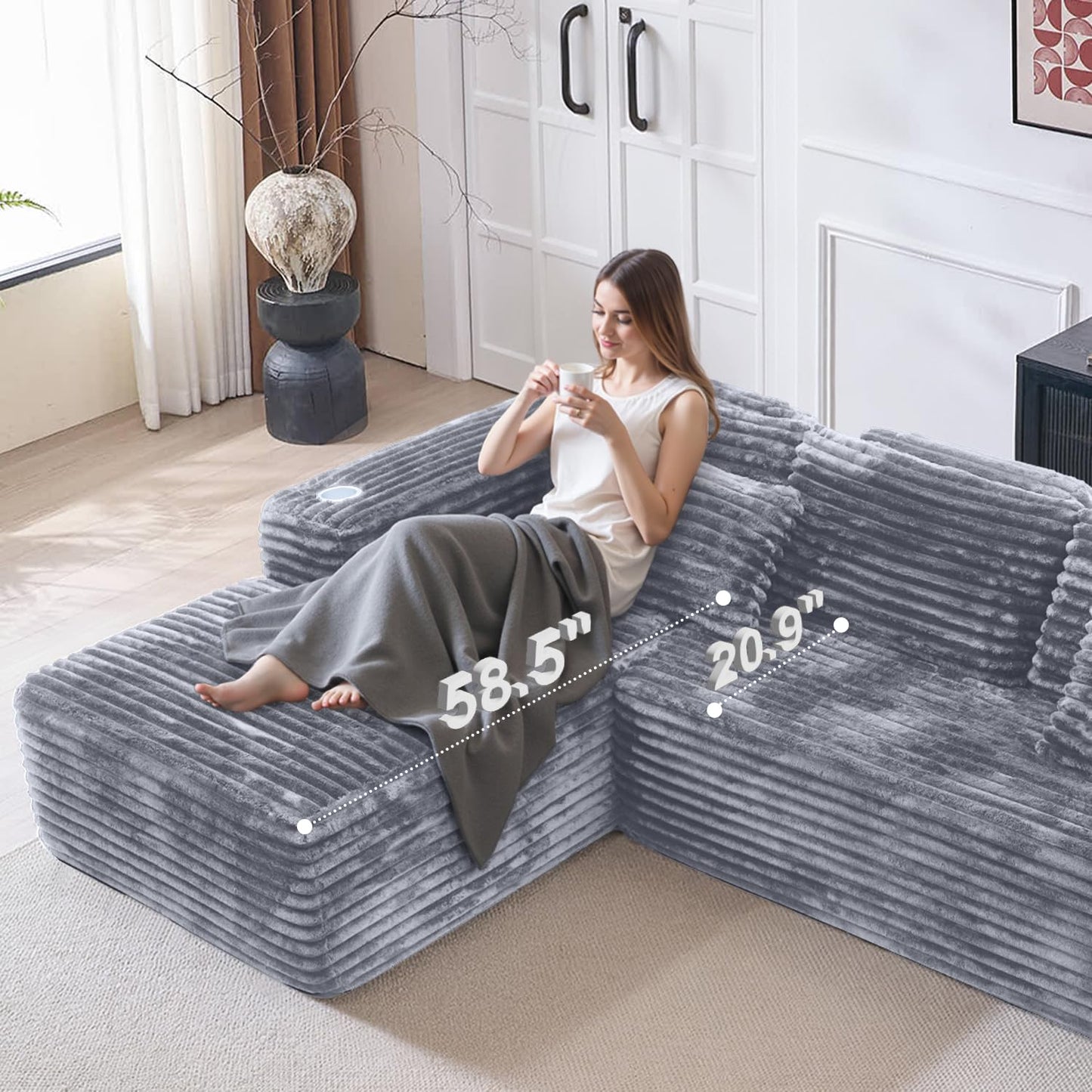 Cloud Sectional Couch with L-Shape Chaise, Modern Modular Sofa with Deep Seat, Built-in Cup Holder & Storage Pocket for Living Room Bedroom, No Assembly Required (Light Gray, Right Facing Chaise)