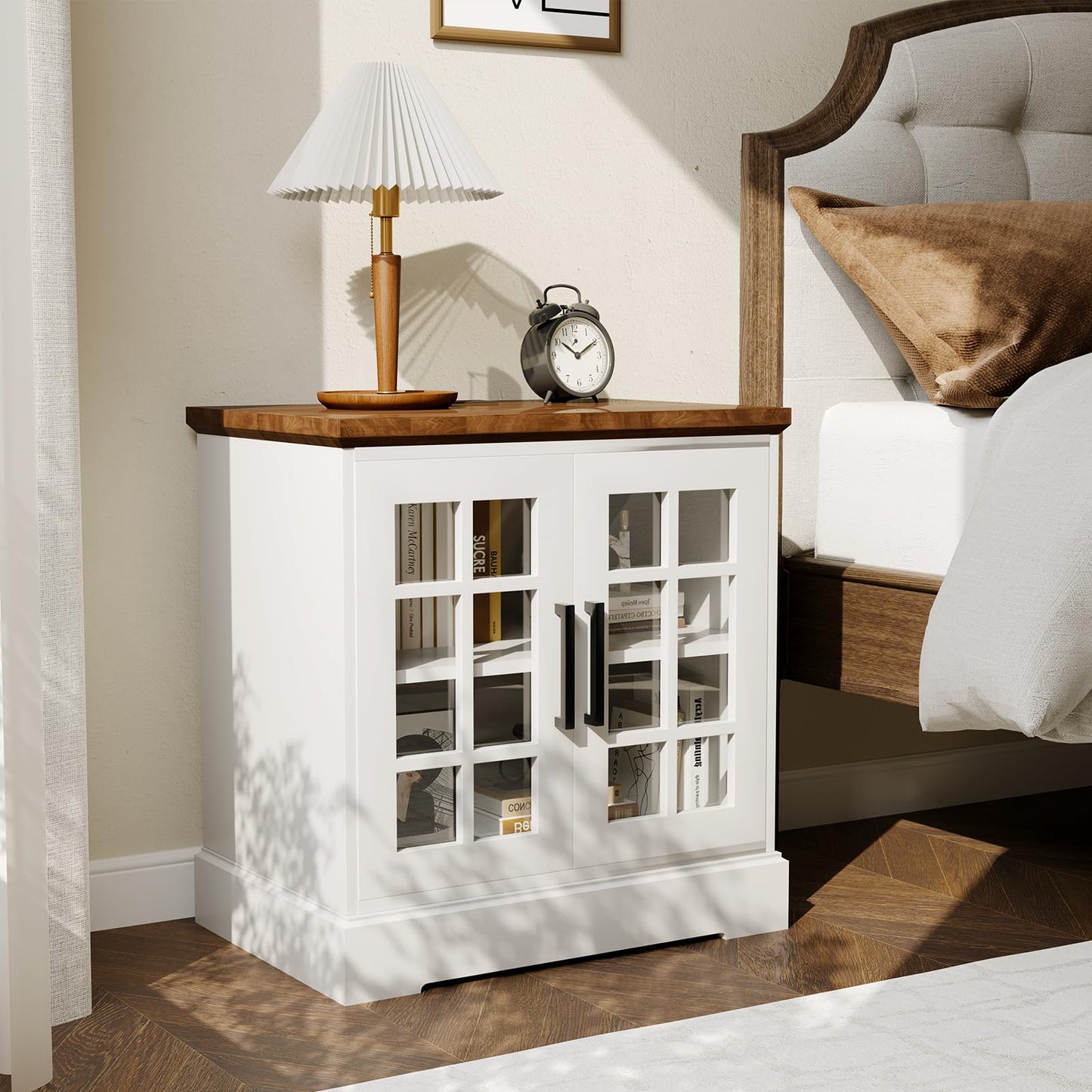 GarveeHome 24inch Farmhouse End Table, Rustic Square Nightstand Sofa Side Table with Charging Station Adjustable Storage Shelf for Living Room Bedroom, White