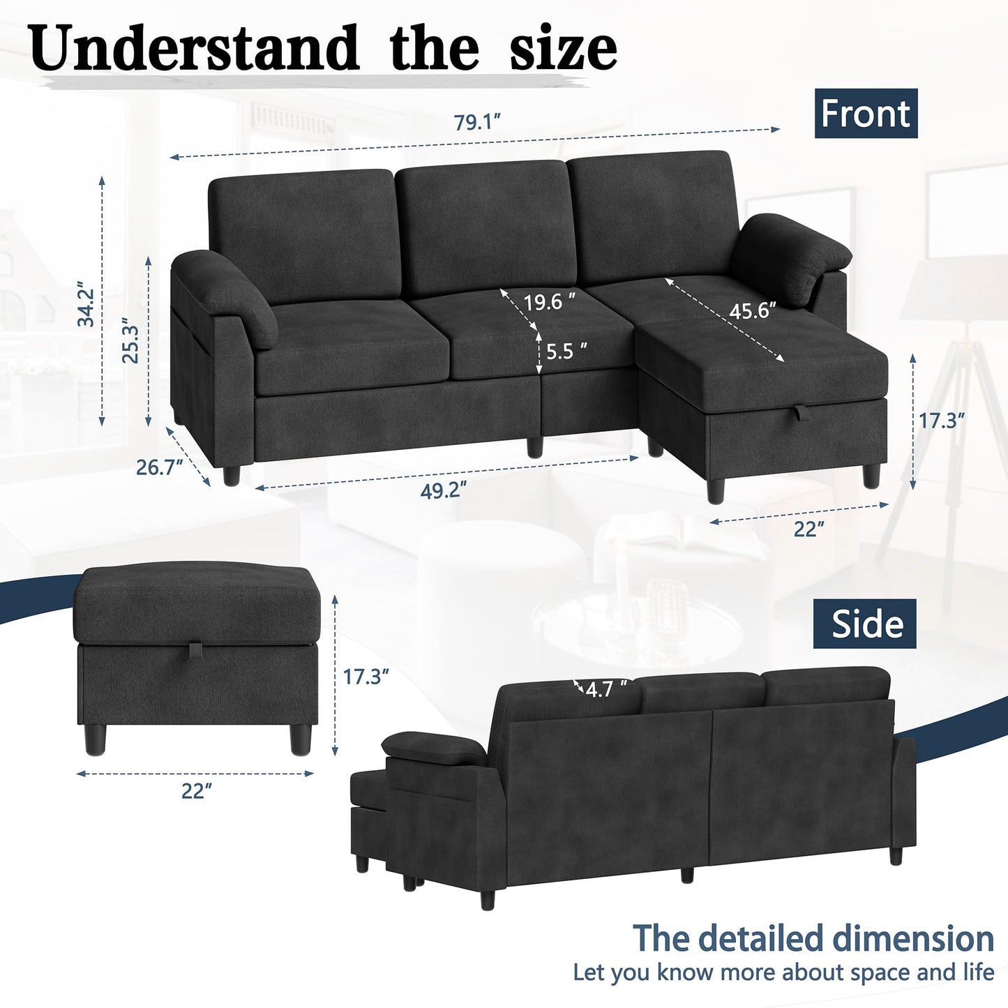 Meilocar Sectional Sofa Couch for Living Room, 79" Sectional Couches with Storage Ottoman, L Shaped Couch with Armrests Side Storage Pockage, 3-Seat Sofa Couches for Apartment, Black
