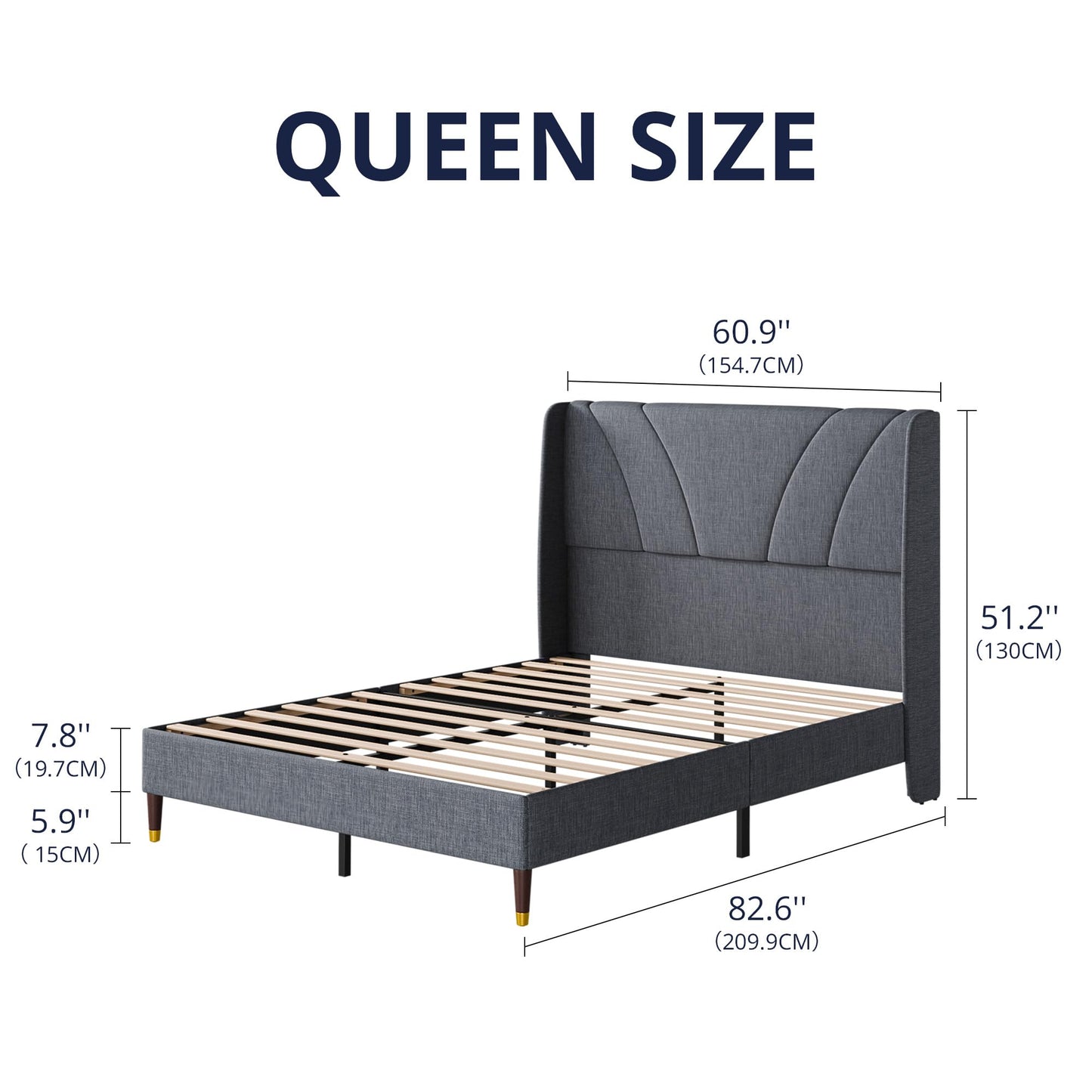 Cozy Castle Queen Bed Frame with 51.2" Tall Curved Wingback Headboard, Linen Upholstered Platform Bed, Soft Fabric/Noise-Free/Wooden Slats Support/No Box Spring Needed/Easy Assembly, Gray