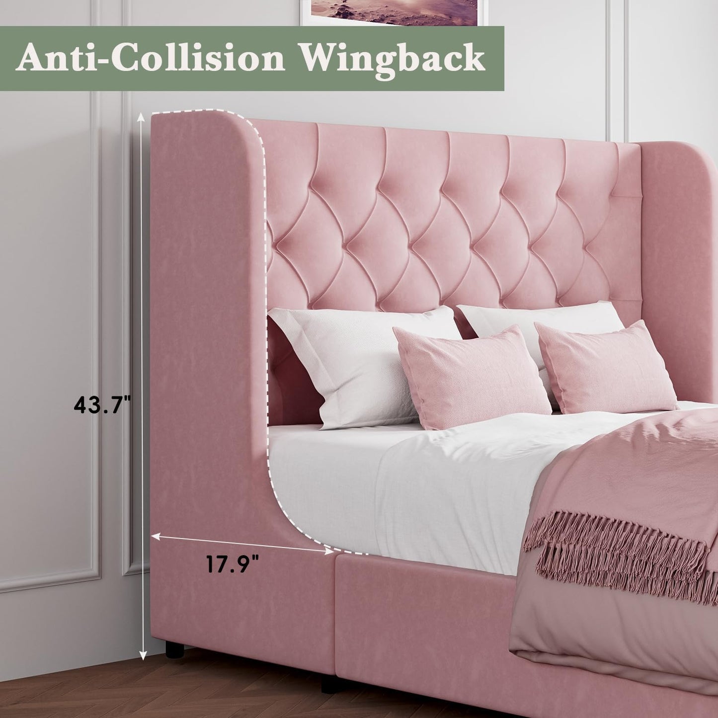 HOMBCK Pink King Size Bed Frame, Upholstered Platform Bed Frame with Velvet Tufted Headboard, Curved Wingback Design, Wooden Slats, No Box Spring, Noise Free, Easy Assembly