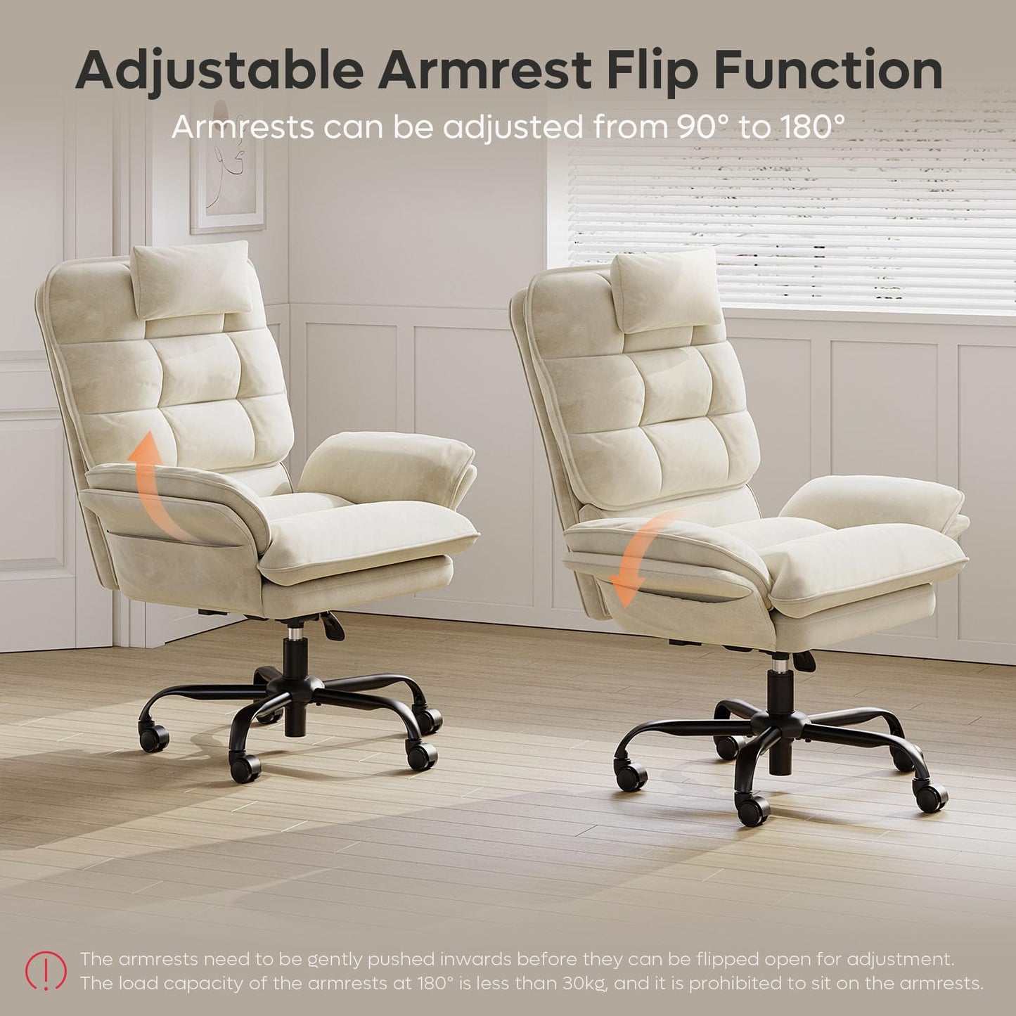 Bestier Velvet Executive Office Chair, Ergonomic Chair with Flip-up Arms, 135° Reclining Office Chair with Side Pockets & Headrest, Big Swivel Computer Chair for Home Office - Beige