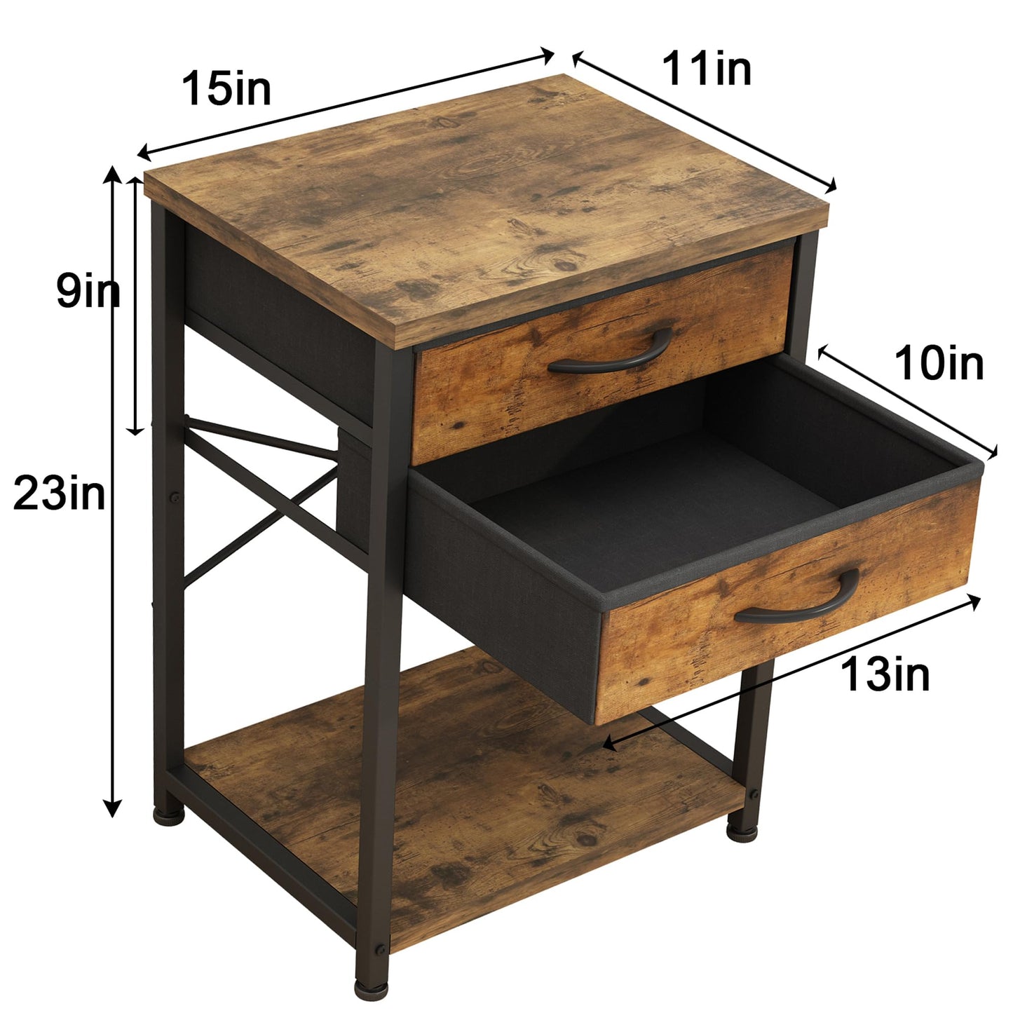 TigerDad Nightstand End Table with 2 Fabric Drawers and Wood Storage Shelf, Narrow Side Table with Steel Frame Small Bedside Table for Living Room, Bedroom,Rustic Brown