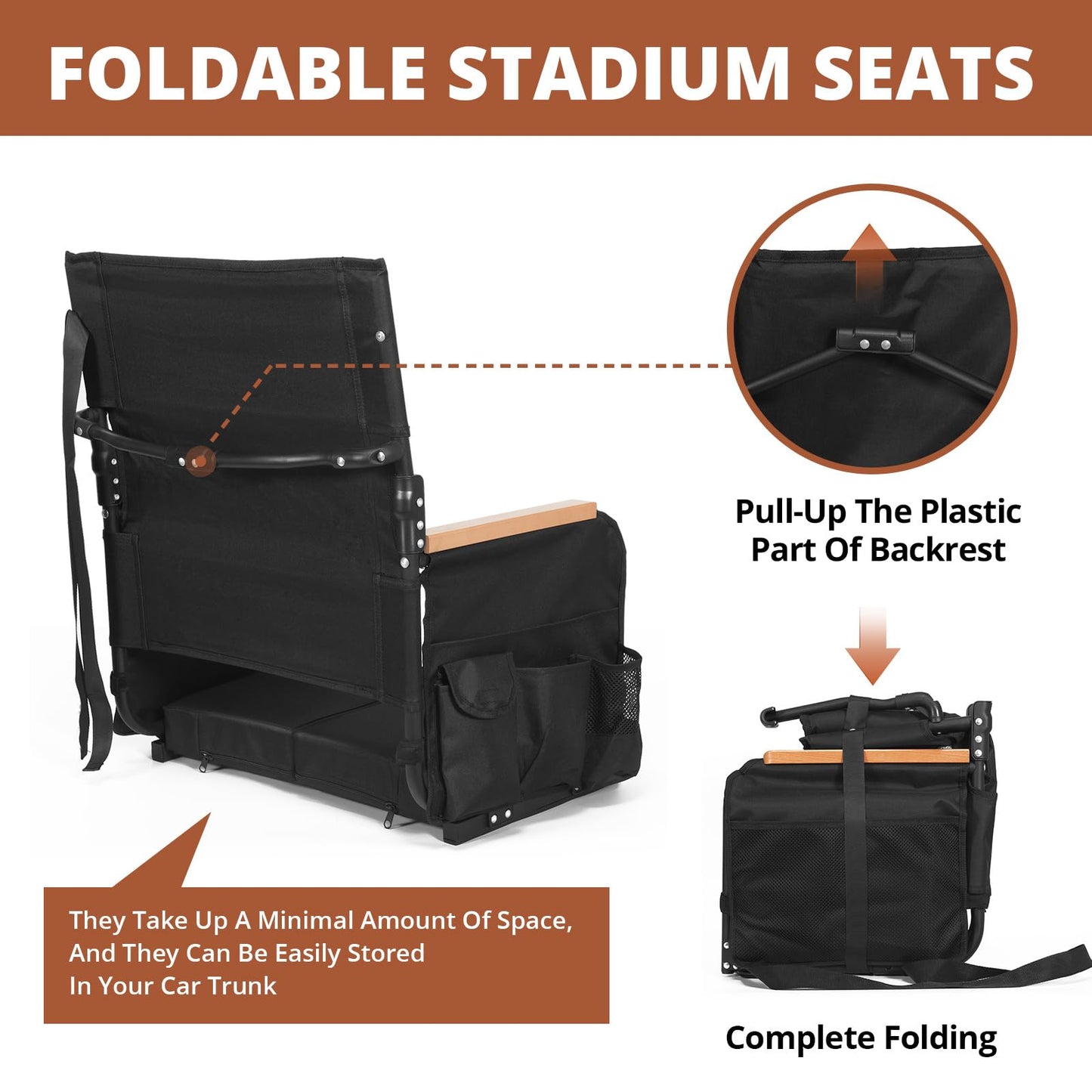 Extra Wide Stadium Seats with Back Support, Comfy Bleacher Chairs with Back Cushion, Cup Holders, and Storage Pockets, Foldable and Portable Bleacher Seat with Armrests (1, Beige, Large)