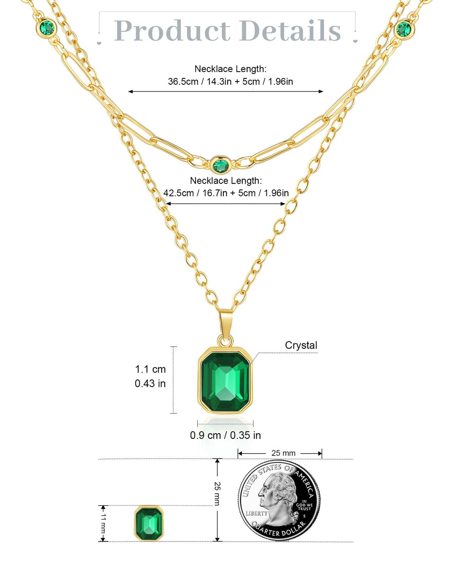 Lourny Gold Layered Crystal Necklace for Women, 18K Gold Plated Choker Emerald Green Dainty Chain Trendy Statement Necklace Jewelry for Women Gifts (Green-1)