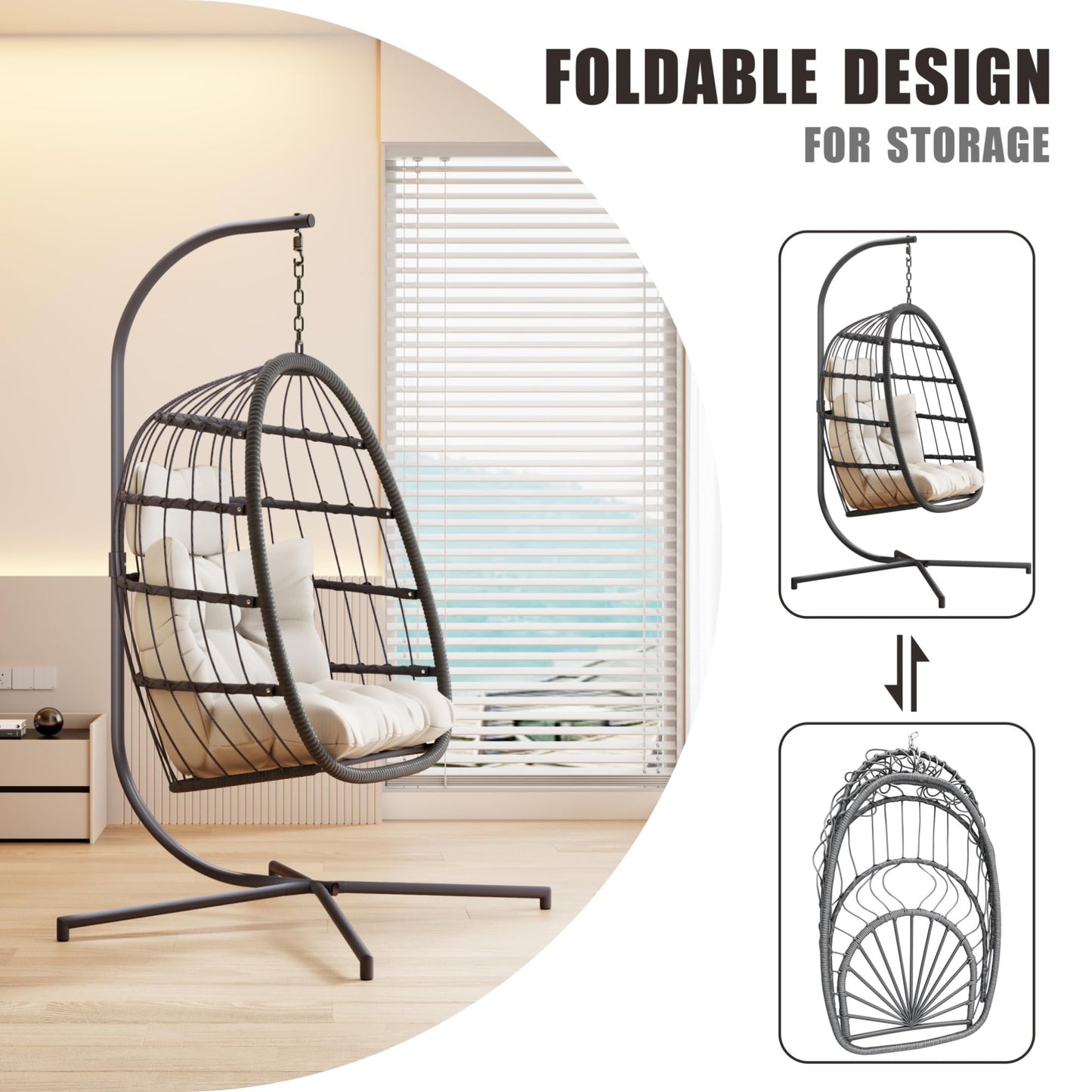 HWB Hanging Egg Chair with Stand, Patio Wicker Hammock Egg Swing Chair with Cushion for Bedroom Garden Indoor Outdoor (Beige)