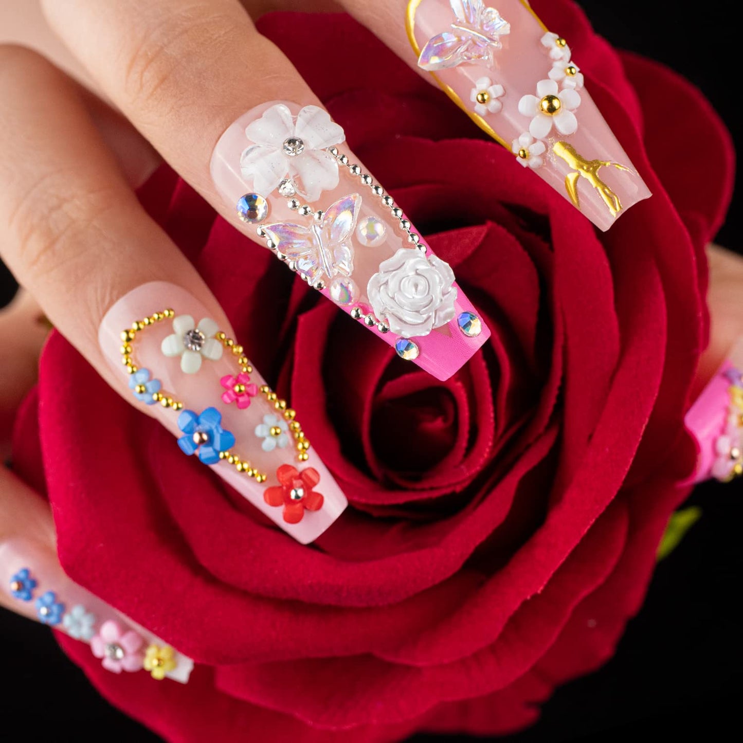 Mixed 3D Nail Art Gem Decoration Accessories Kit #10, Butterfly Starry AB Rhinestone Charm Jewelry for Deco, Pearl Flower Caviar Bead Stone Crystal with Pickup Pencil and Tweezer