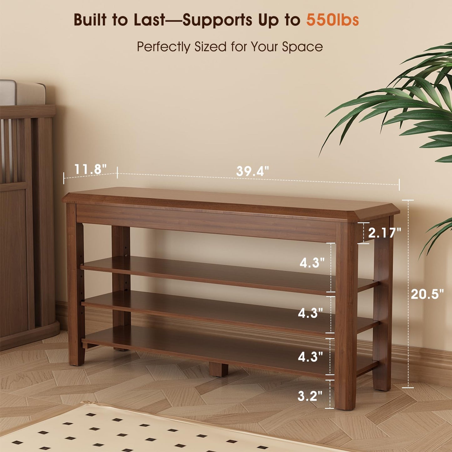 IUNVR Shoe Rack Bench Seat Rubberwood 3-Tier Wooden Storage Bench 550lbs Compact Mid-Century Modern Design for Entryway, Hallway, Closet, Front Door Entrance, Foyer