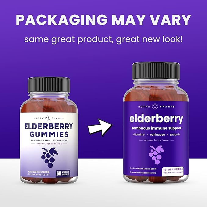 NutraChamps Elderberry Gummies, Sambucus Elderberry Gummies for Adults & Kids, Vitamin C, Propolis & Echinacea, Max Strength Immune Support Gummies, Natural Berry Flavor, 120 Gummies (Pack of 2)