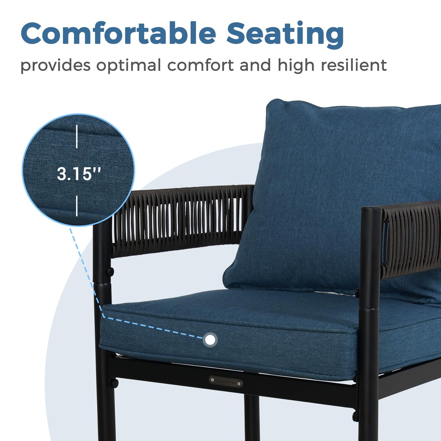 Grand patio Outdoor Dining Chairs Set of 4, 4 Pieces Patio Dining Chairs, Metal Woven Wicker Fixed Patio Chairs with Peacock Blue Cushions for Backyard, Deck, Garden, Porch, Lawn and Poolside (Brown)