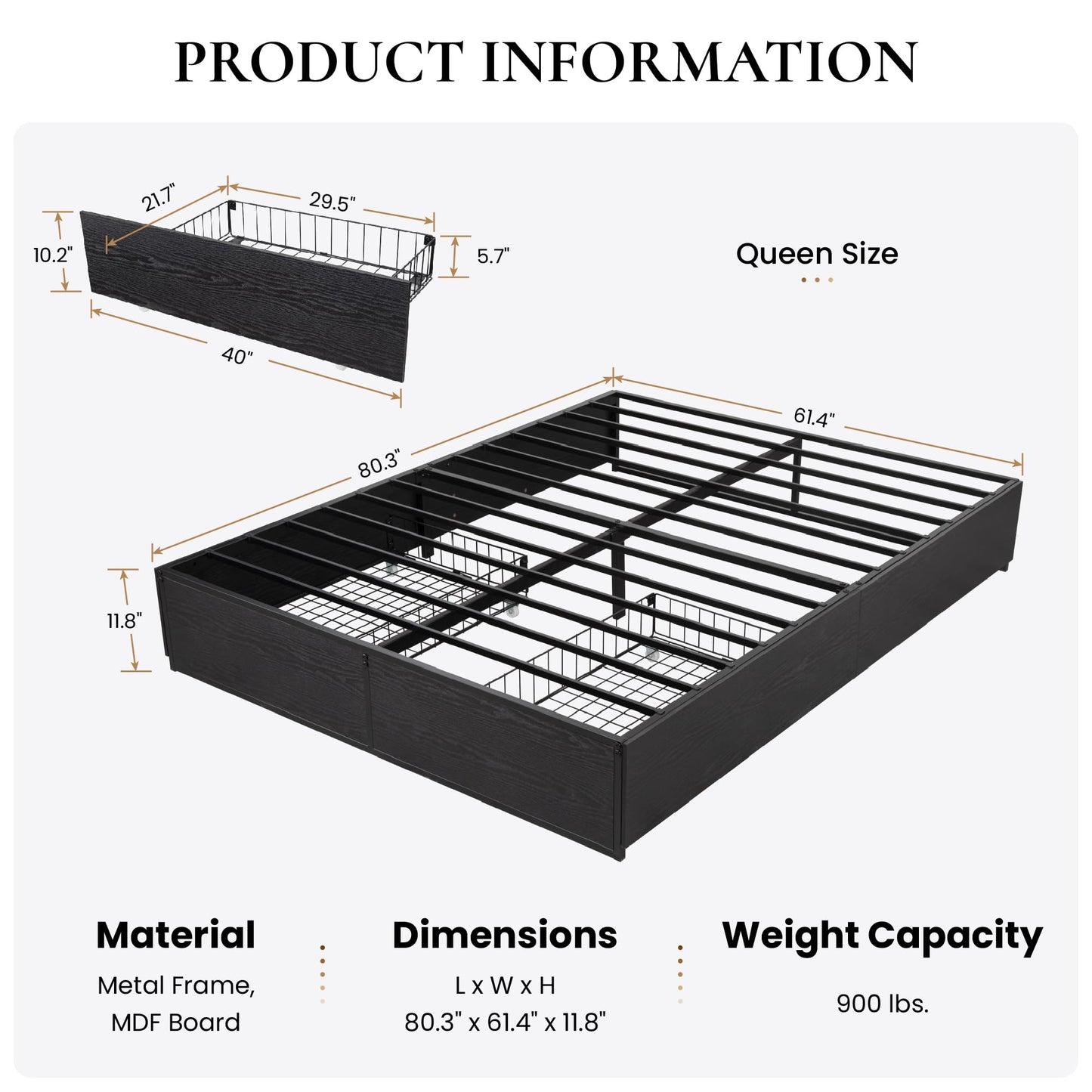 SHA CERLIN Queen Platform Bed Frame with 2 Large Storage Drawers, Rustic Wood and Metal, Noise-Free, Easy Assembly, No Box Spring Needed, Black